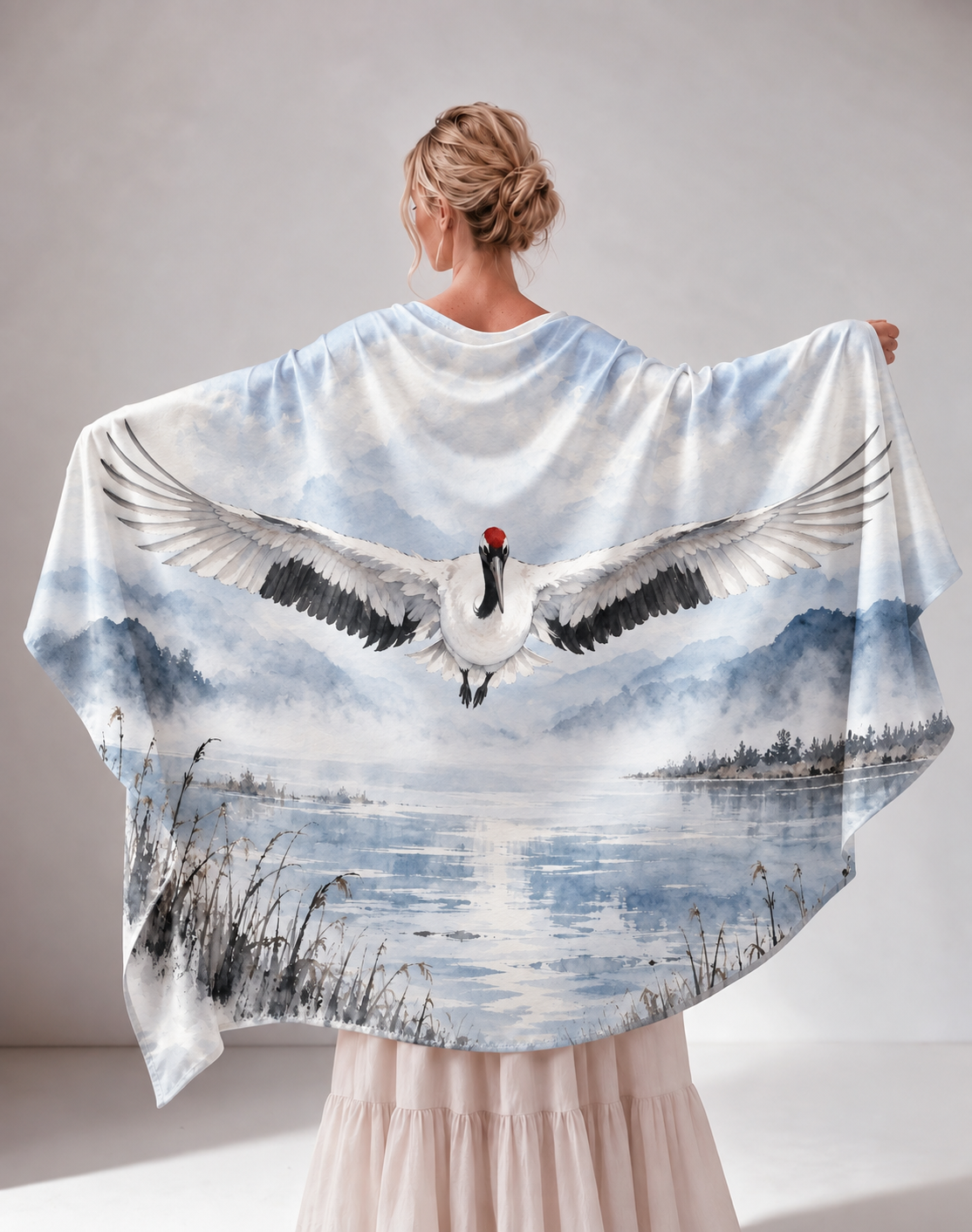Crane Landscape Watercolor Satin Poncho Shawl