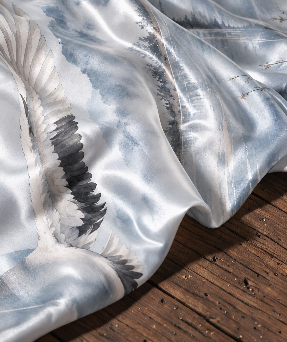 Crane Landscape Watercolor Satin Poncho Shawl