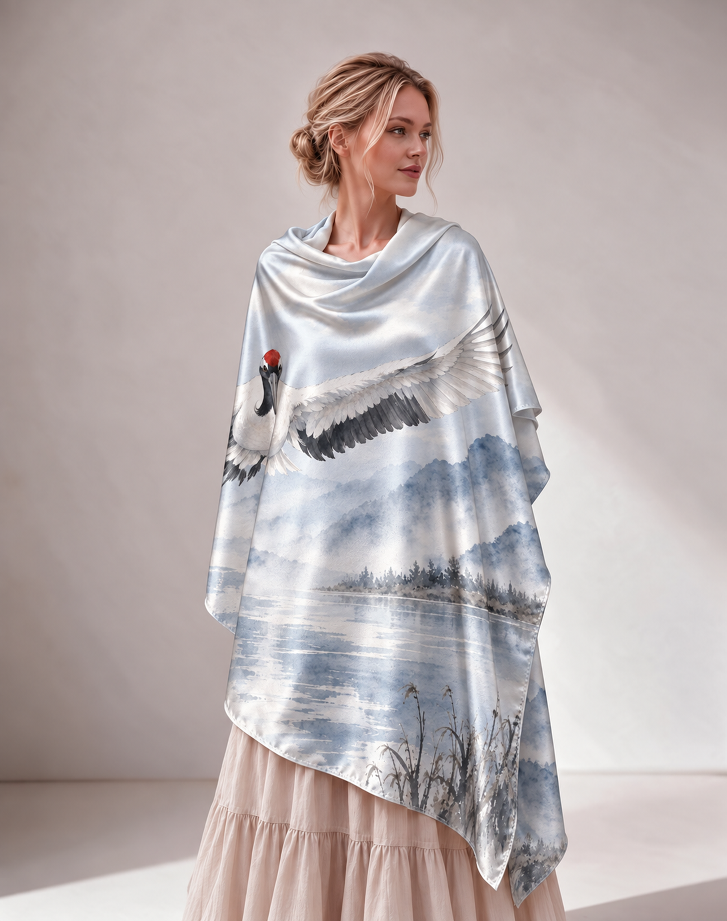 Crane Landscape Watercolor Satin Poncho Shawl