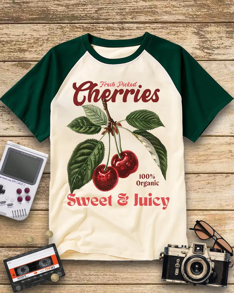 Retro Organic Cherry Botanical Print Raglan Tee