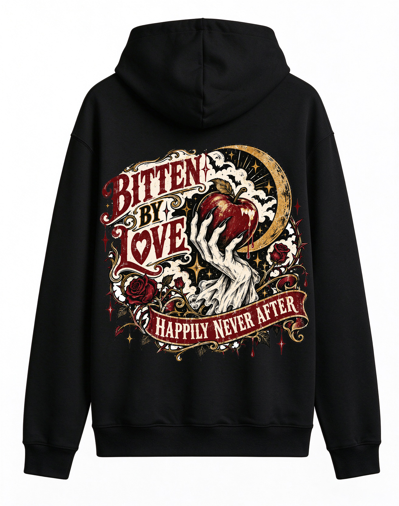 Retro Gothic Poison Apple Hoodie, Bitten By Love Dark Romance Halloween Skeleton Hand Back Print Hooded Sweatshirt