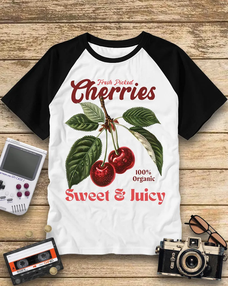 Retro Organic Cherry Botanical Print Raglan Tee