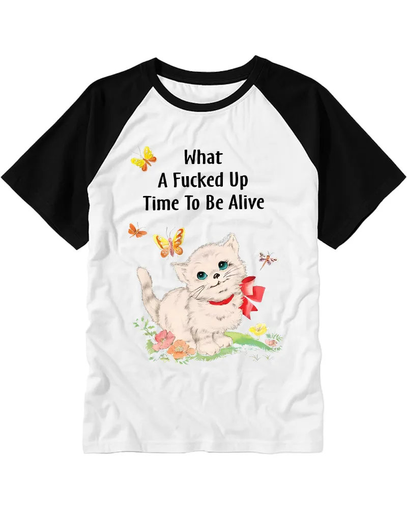 Vintage Whimsical Kitten & Floral Raglan Tee