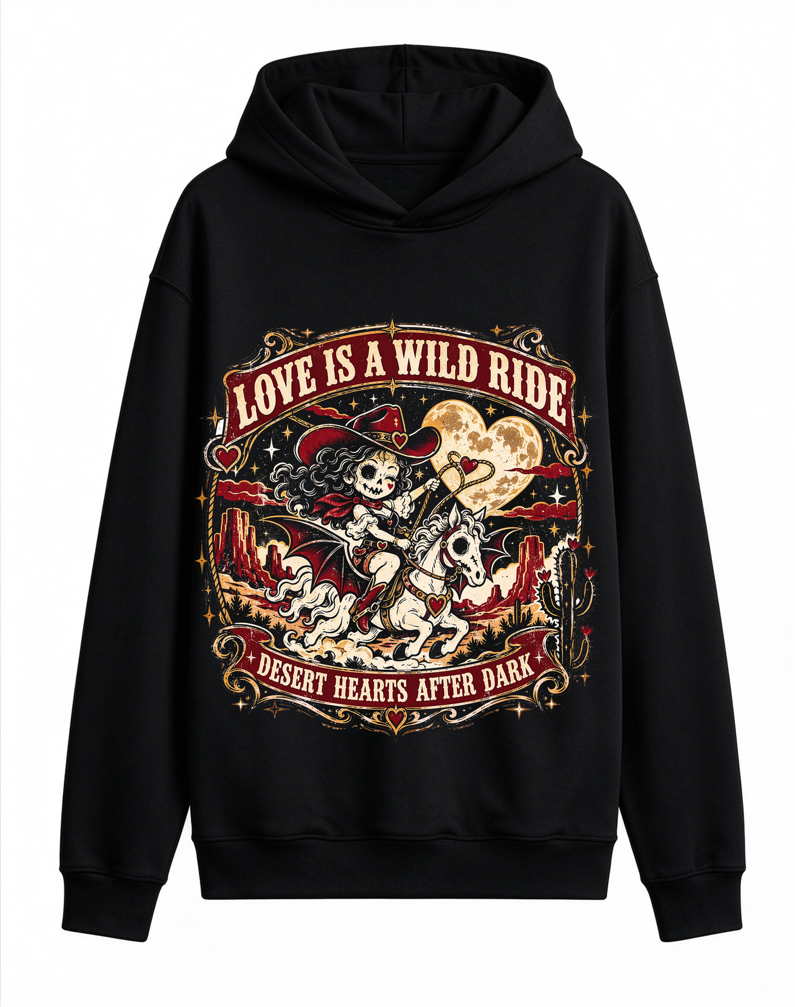 Retro Gothic Western Cowgirl Hoodie, Love Is A Wild Ride Winged Horse Dark Romance Halloween Front Print Hooded Sweatshirt