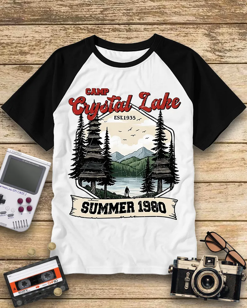 Vintage Lake Camp Scene Horror Raglan Tee