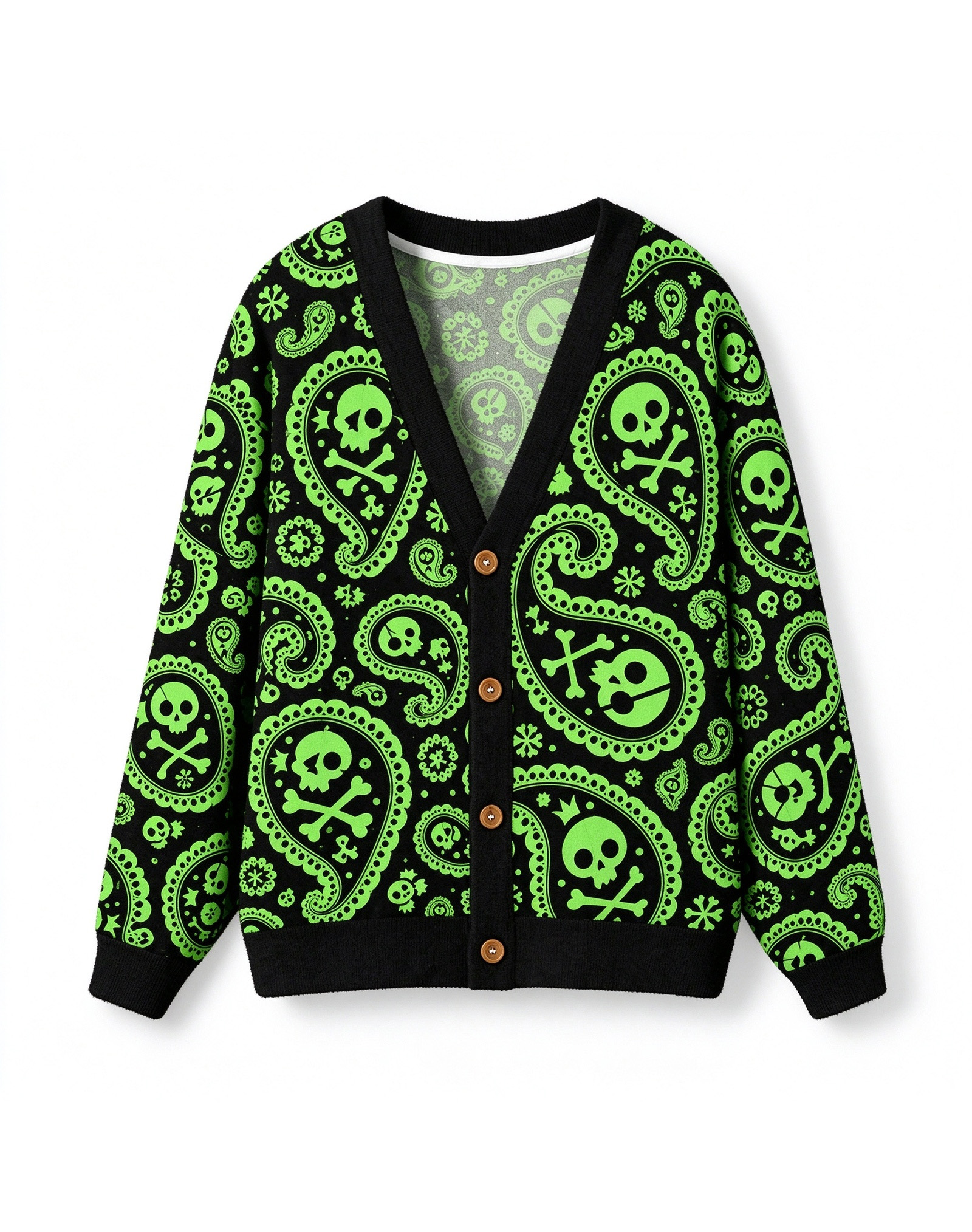 Skull Paisley Fleece Cardigan, Black Green Goth Punk V-Neck Button Down Sweater Jacket