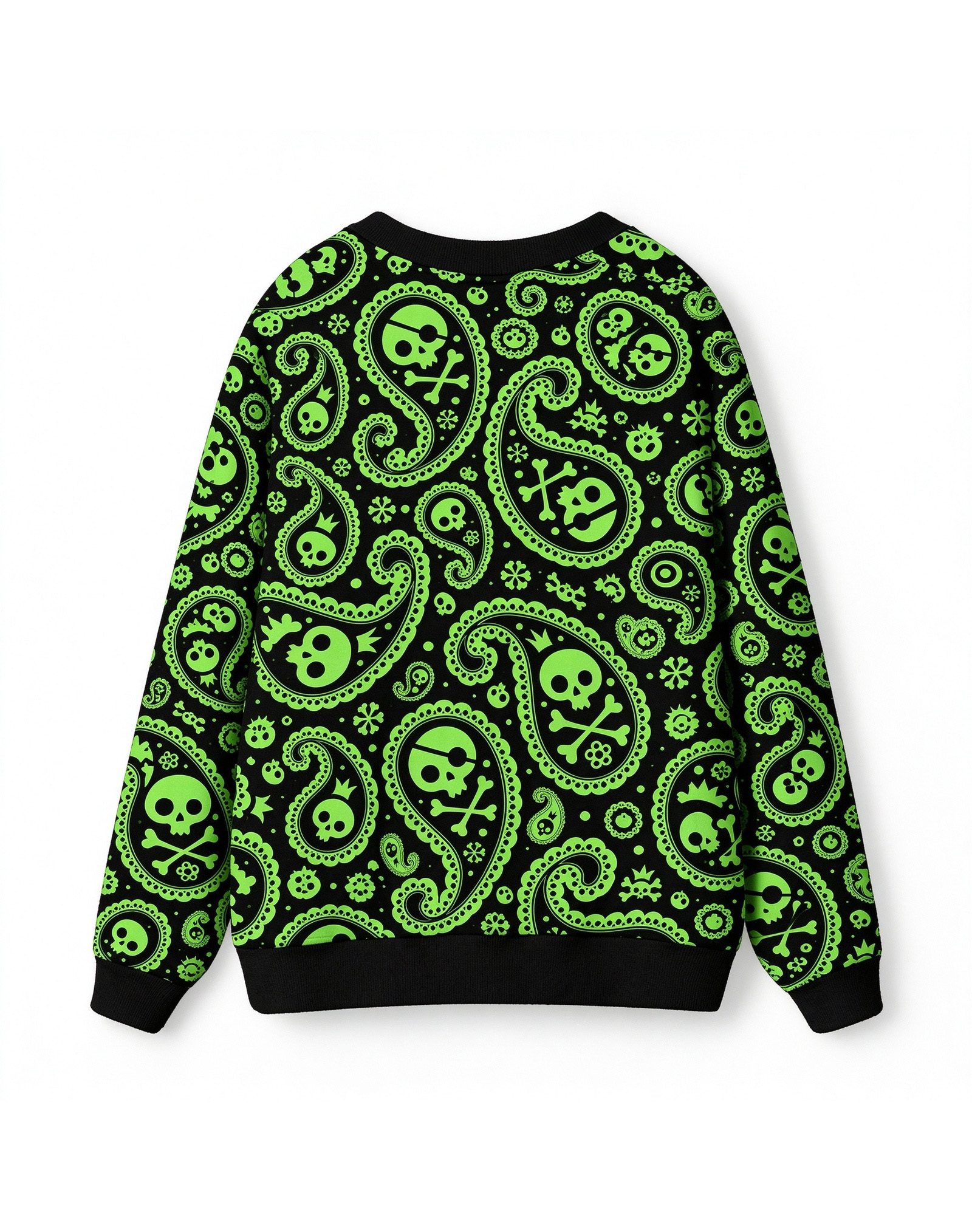 Skull Paisley Fleece Cardigan, Black Green Goth Punk V-Neck Button Down Sweater Jacket