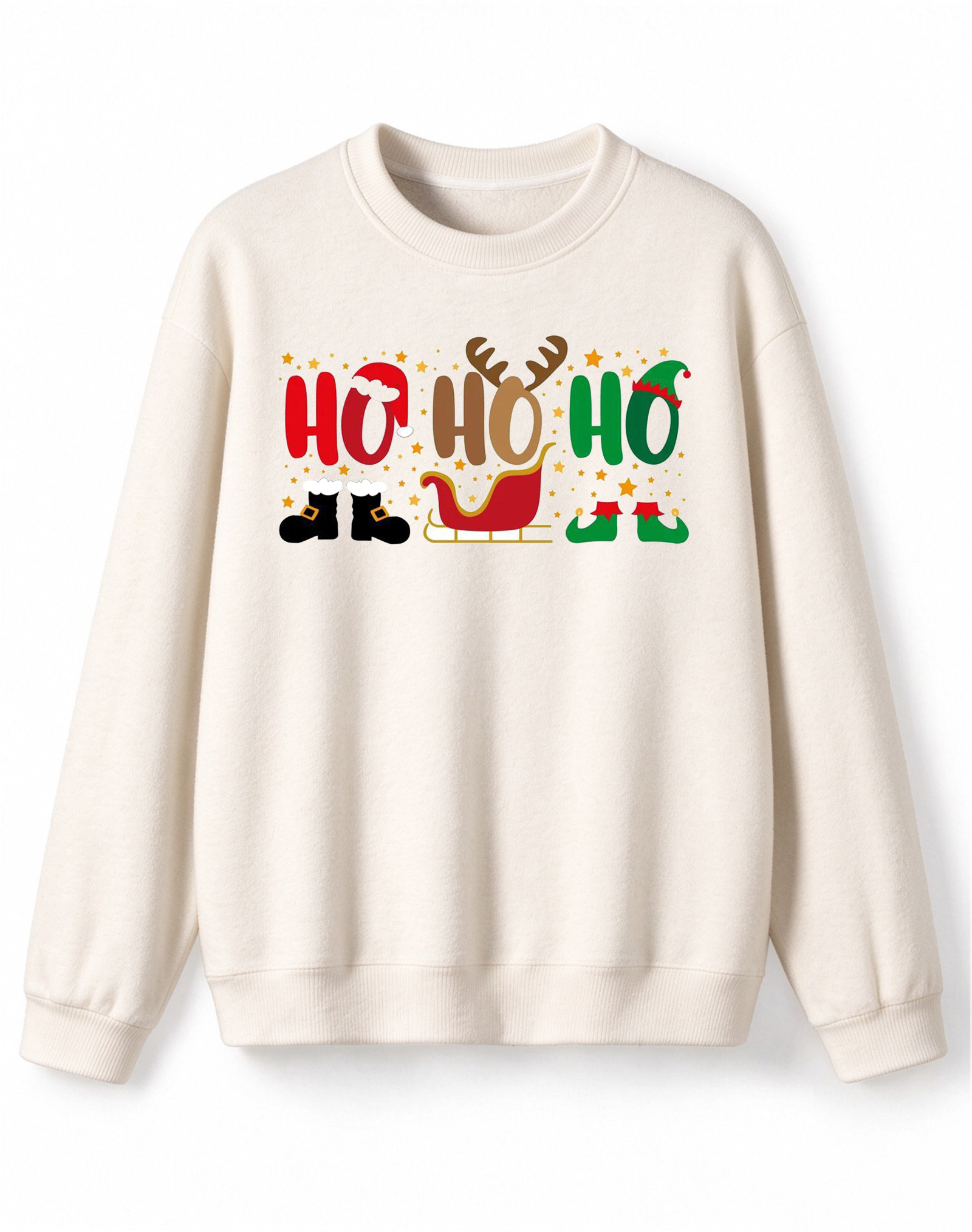Ho Ho Ho Santa Sleigh & Elf Boots Graphic Crew Neck Sweater, Christmas Long Sleeve Pullover