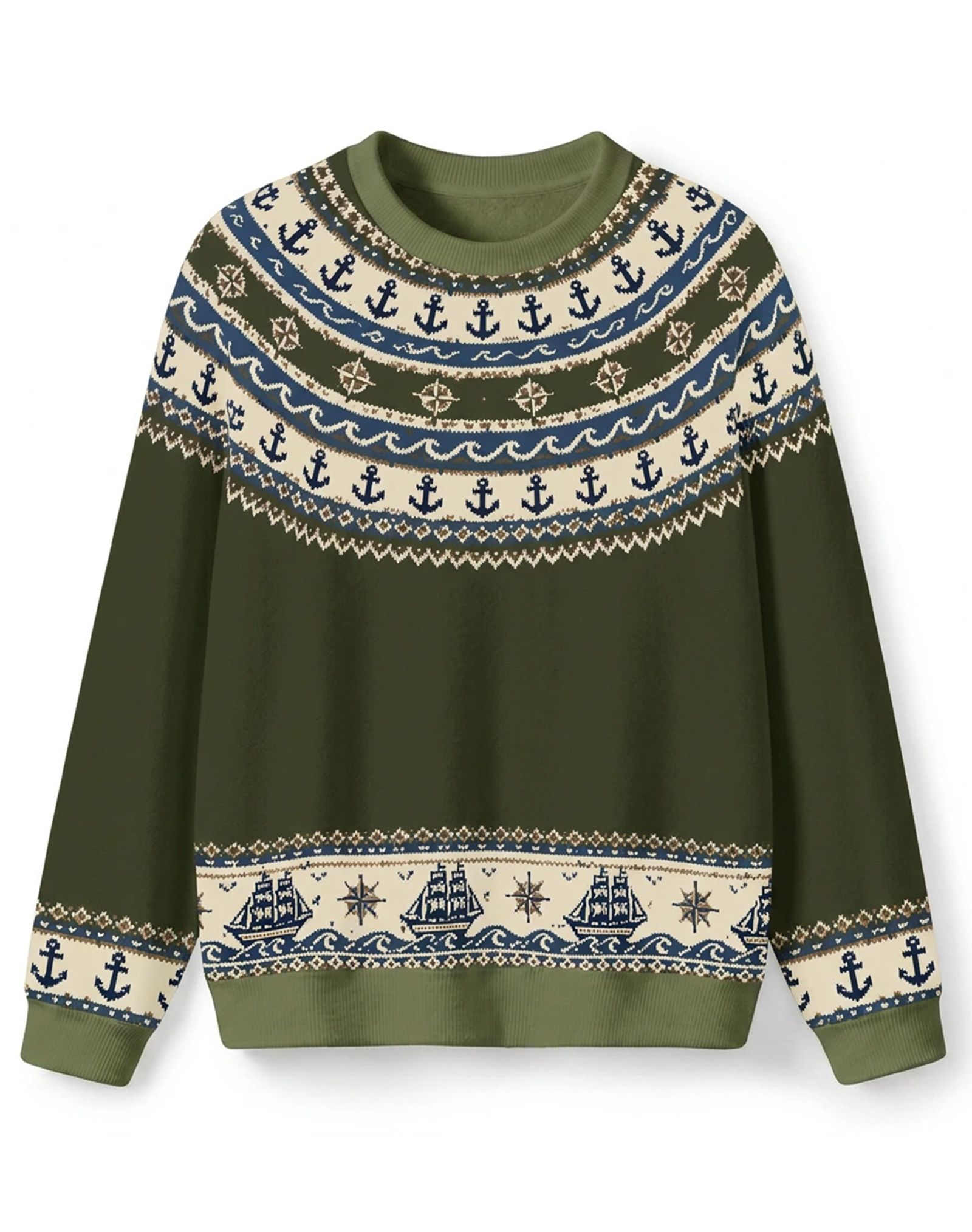 Olive Green Fair Isle Nautical Anchor Crew Neck Knit Sweater, Vintage Nordic Casual Winter Sweater