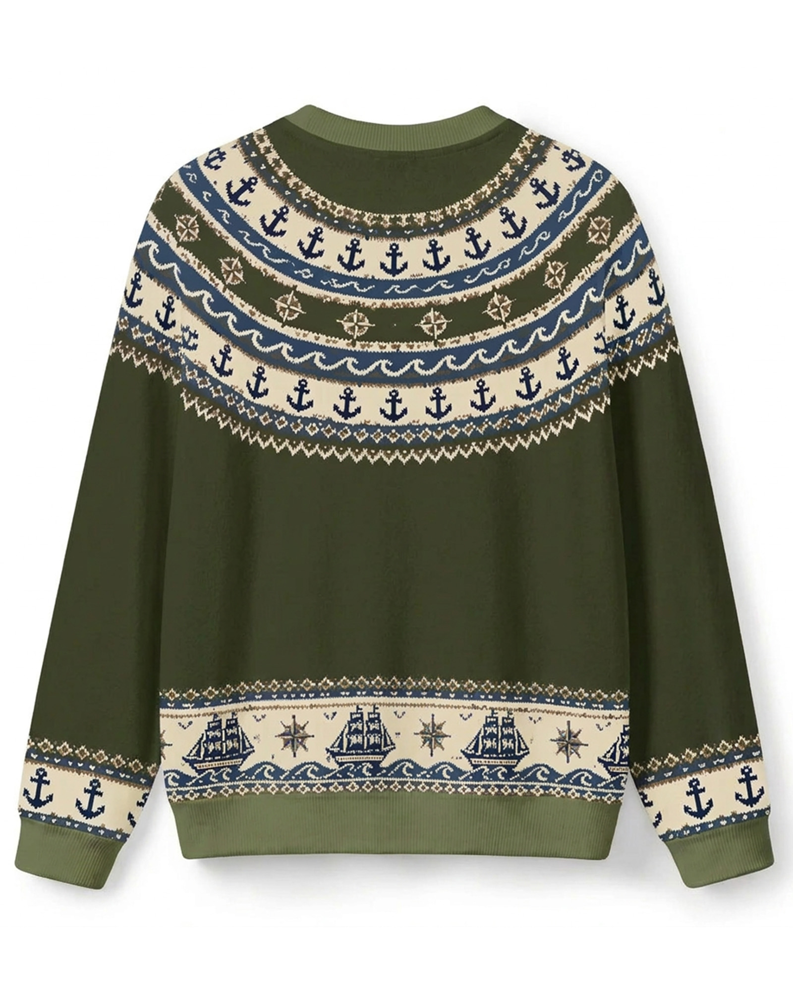 Olive Green Fair Isle Nautical Anchor Crew Neck Knit Sweater, Vintage Nordic Casual Winter Sweater