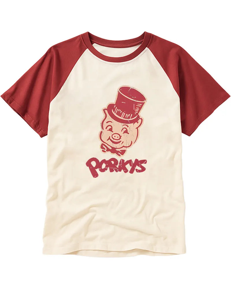 Retro Cartoon Pig Logo Cotton Raglan Tee