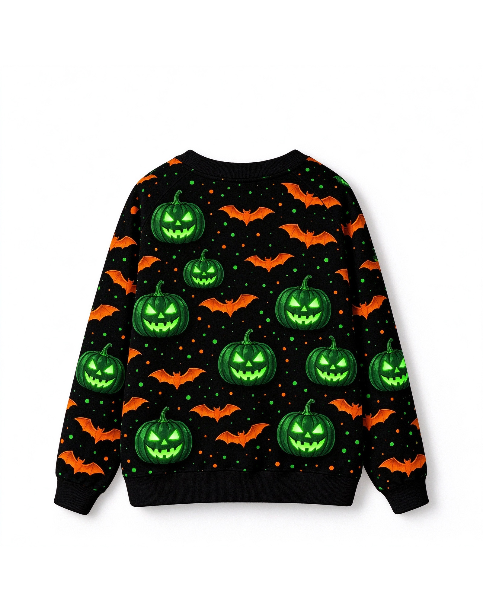 Halloween Glowing Pumpkin Fleece Cardigan, Black Green Jack-o-Lantern Bat V-Neck Sweater