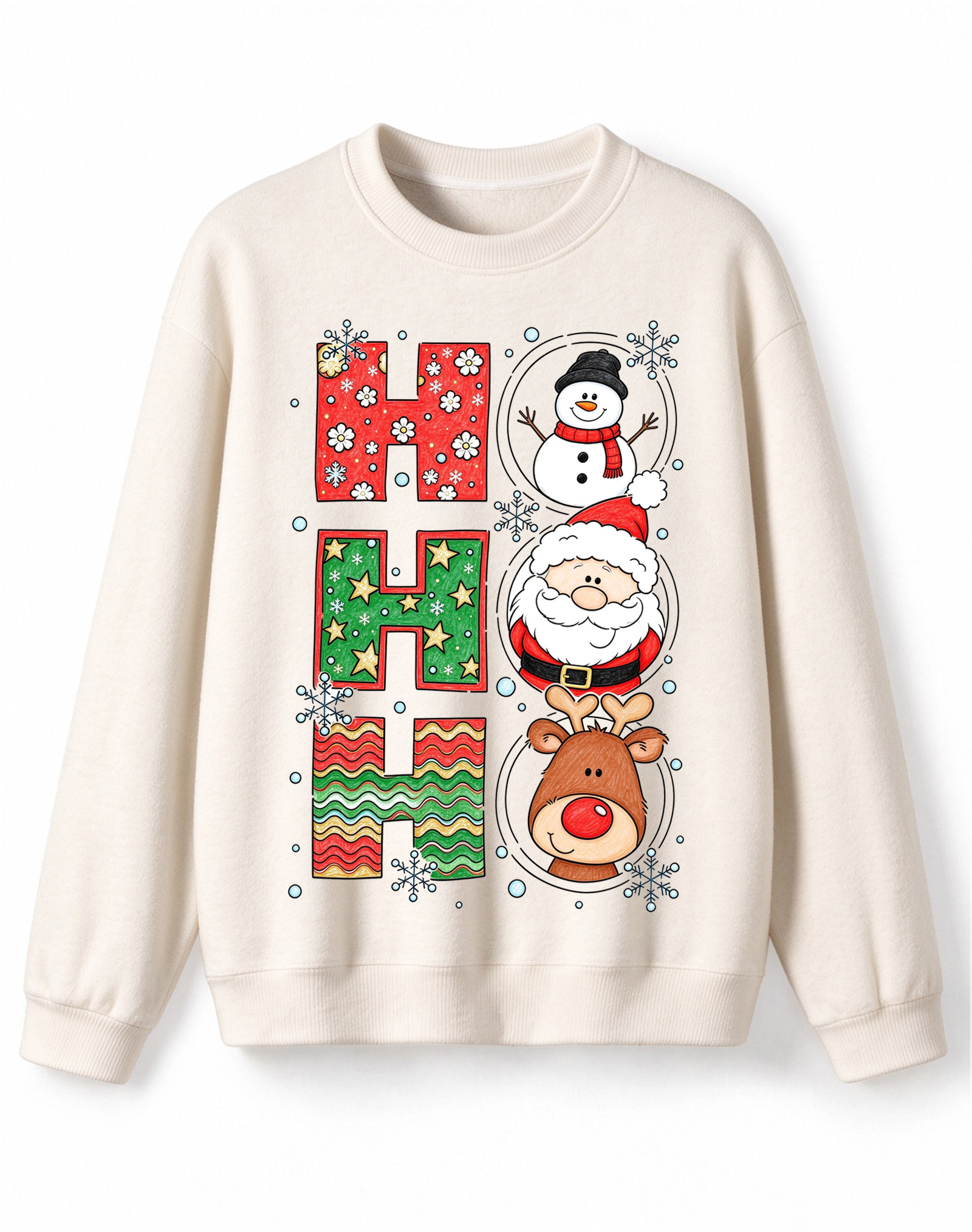 Christmas Crewneck Sweater, Vertical Ho Ho Ho Letter Print with Santa, Snowman and Reindeer Pullover Sweater for Winter