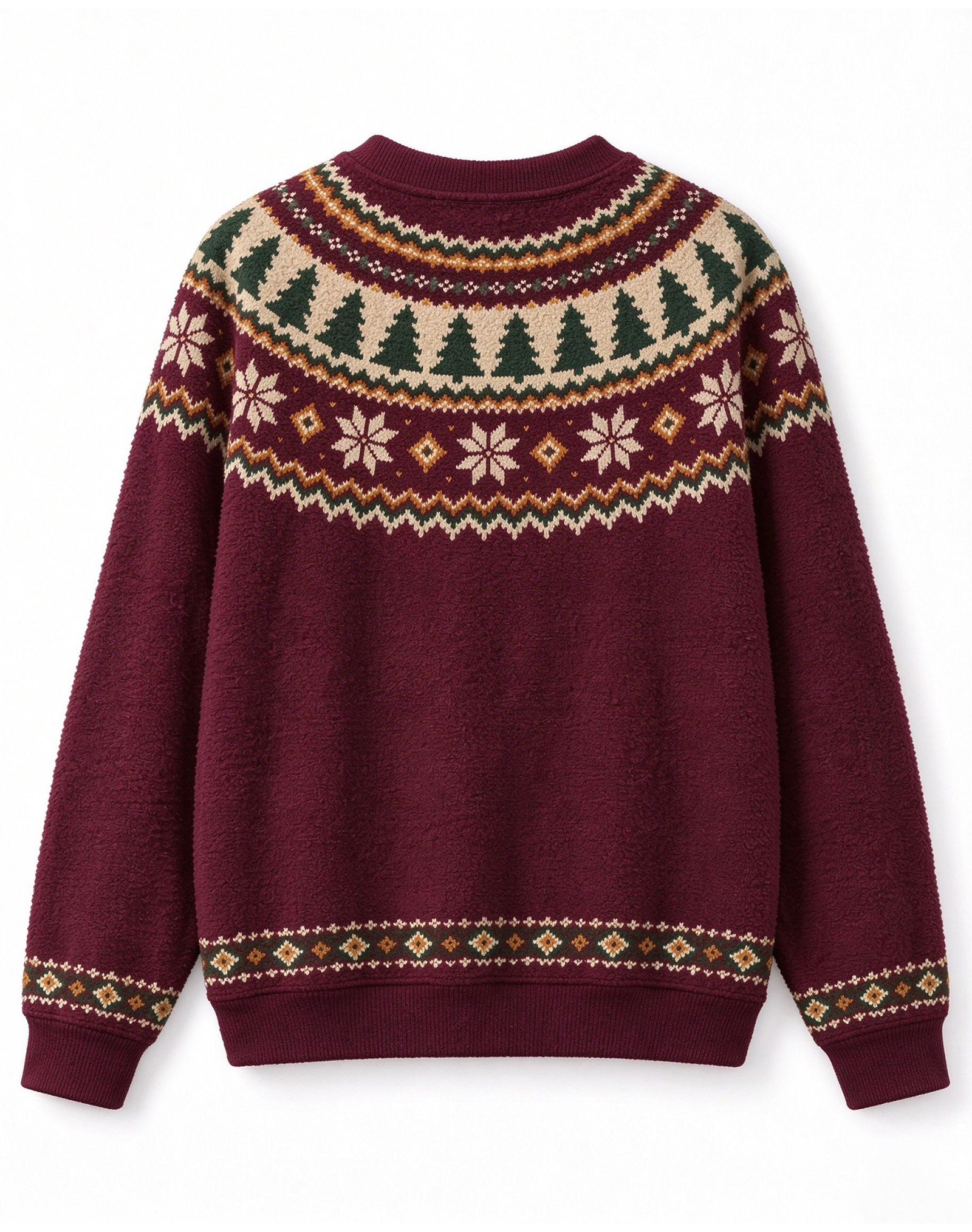 Burgundy Fair Isle Nordic Christmas Tree Snowflake Crew Neck Sweater