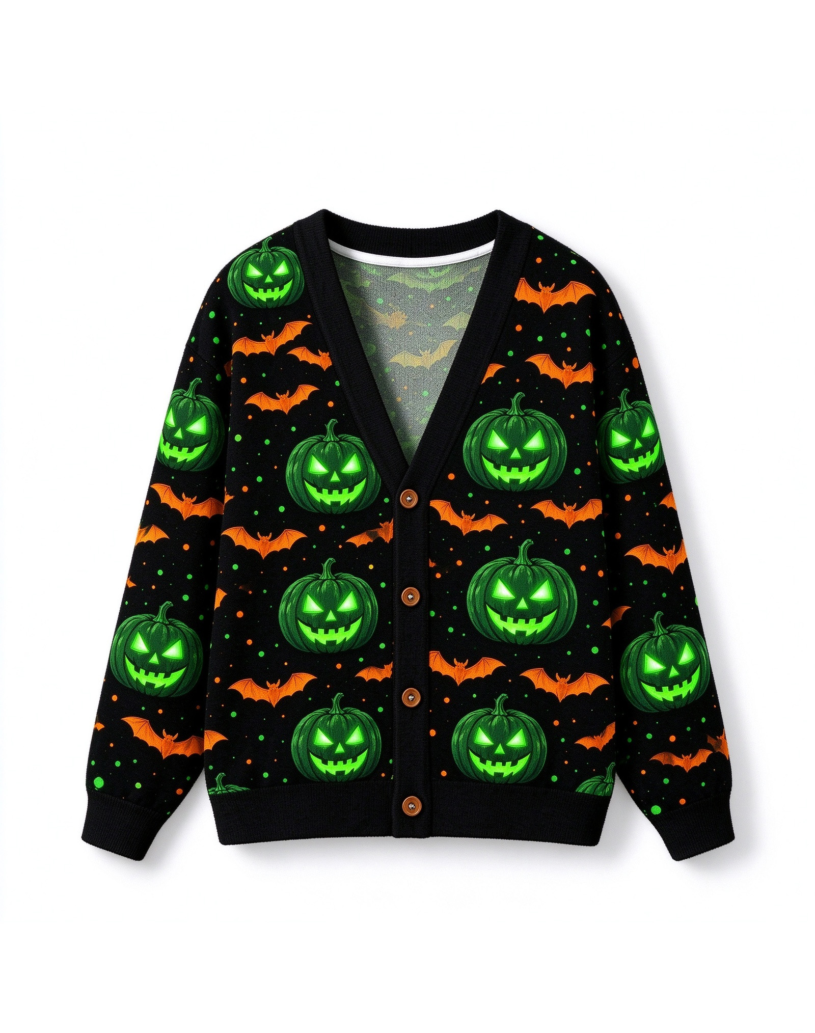 Halloween Glowing Pumpkin Fleece Cardigan, Black Green Jack-o-Lantern Bat V-Neck Sweater