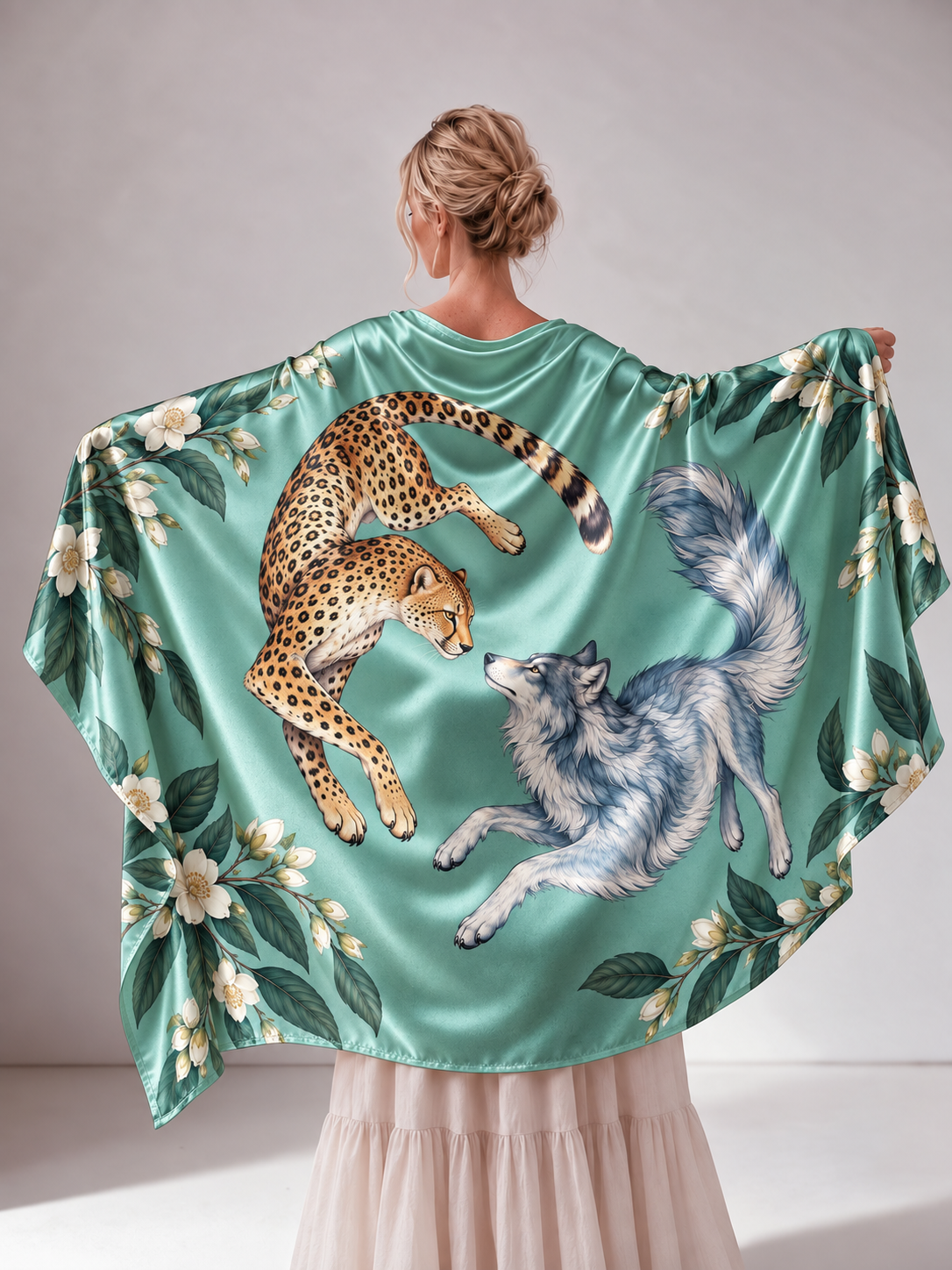 Arctic Wolf & Blossom Print Women Shawl