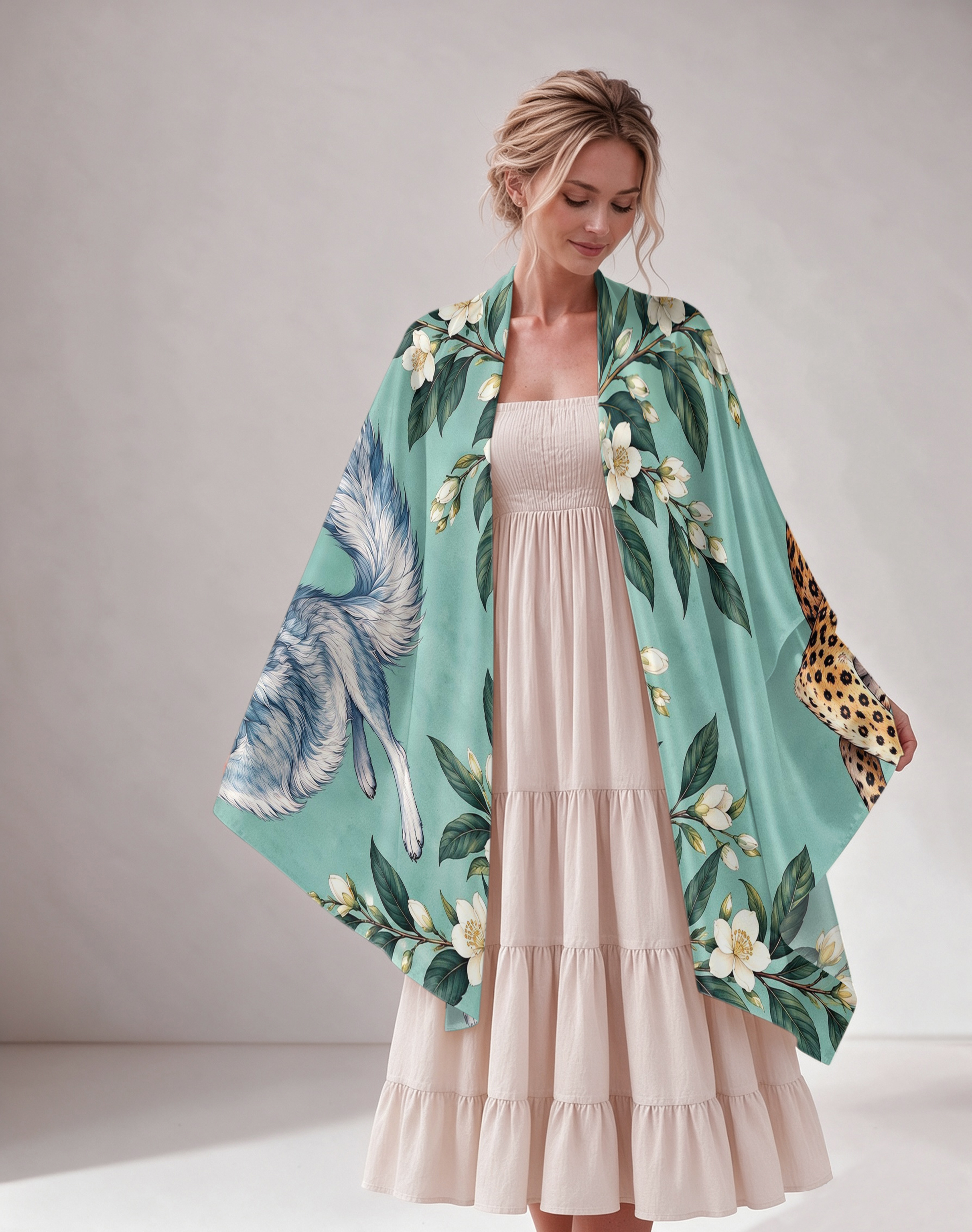 Arctic Wolf & Blossom Print Women Shawl