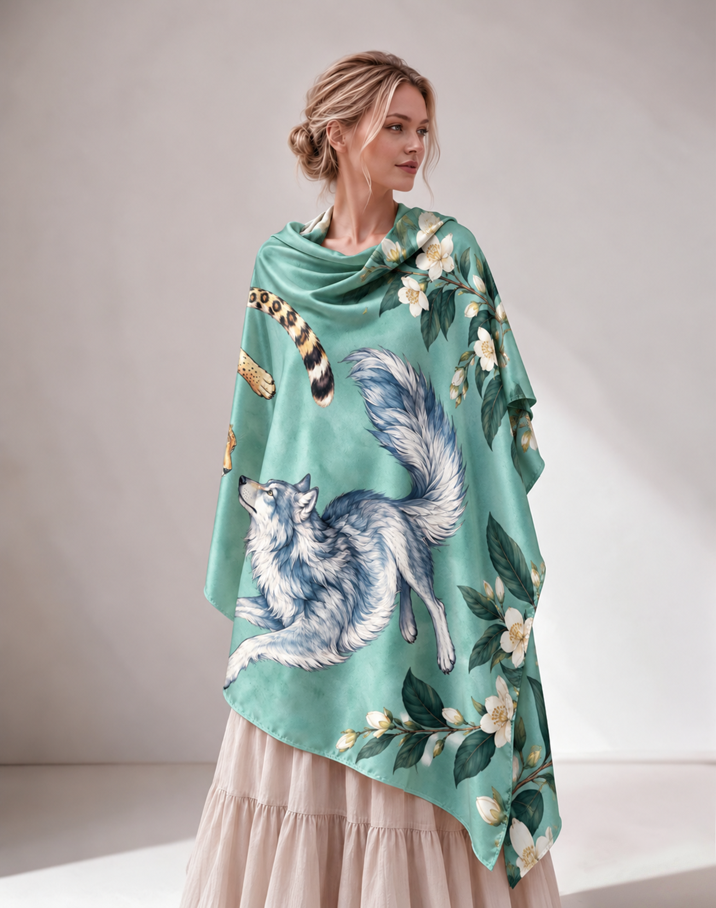 Arctic Wolf & Blossom Print Women Shawl