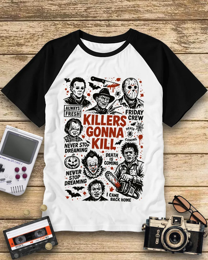 Spooky Retro Horror Icons Raglan Tee
