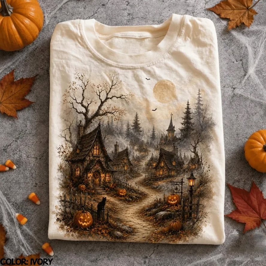 Cozy Haunted Village Halloween T-Shirt