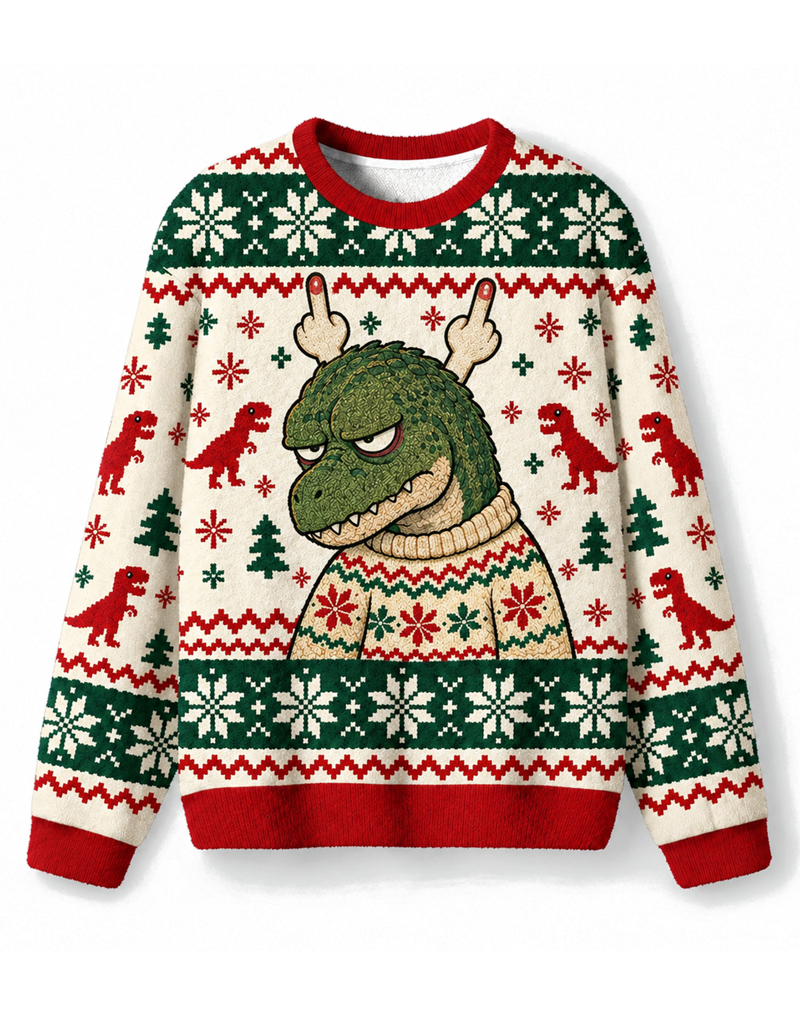 Unisex T-Rex Christmas Jumper Funny Middle Finger Dinosaur Holiday Sweate
