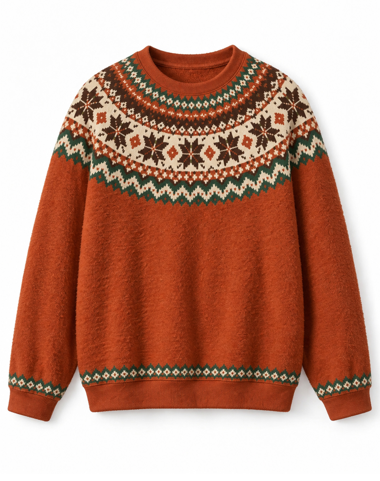 Orange Fair Isle Nordic Snowflake Crew Neck Sweater
