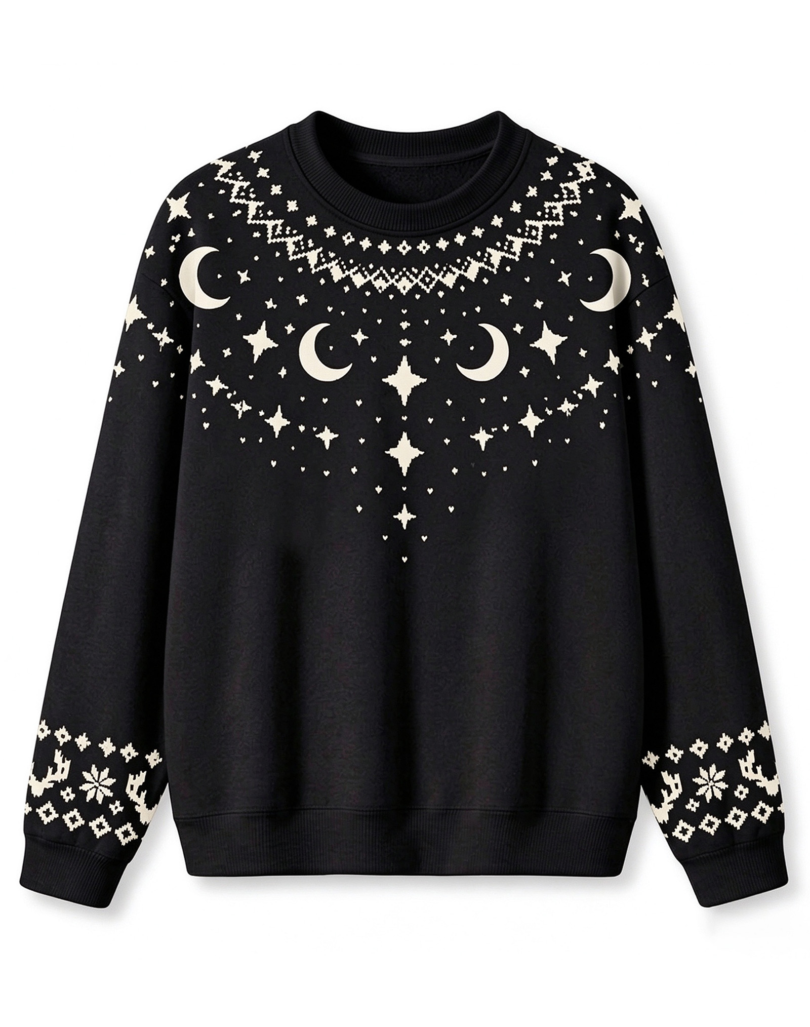 Black Fair Isle Moon Star Crew Neck Knit Sweater, Vintage Nordic Casual Winter Sweater