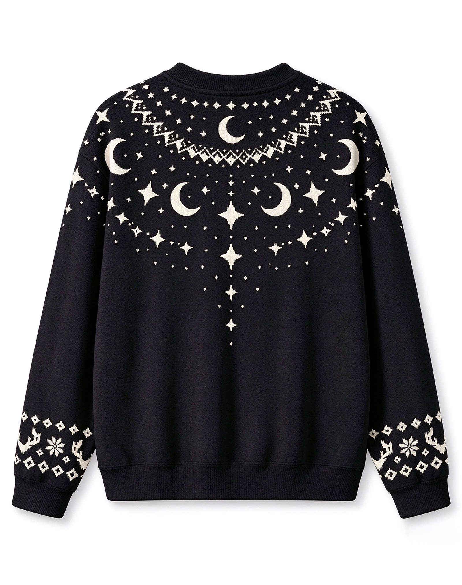 Black Fair Isle Moon Star Crew Neck Knit Sweater, Vintage Nordic Casual Winter Sweater