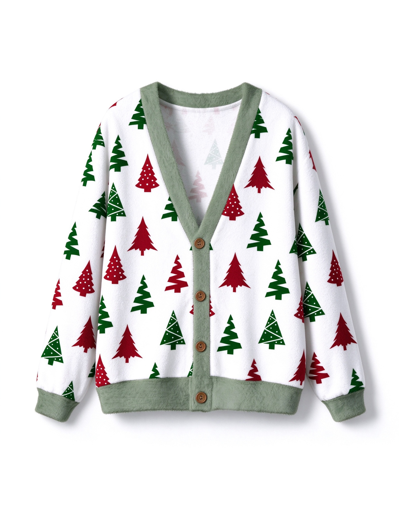 Minimal Christmas Tree Fleece Cardigan, Red Green Xmas Tree V-Neck Button Down Sweater