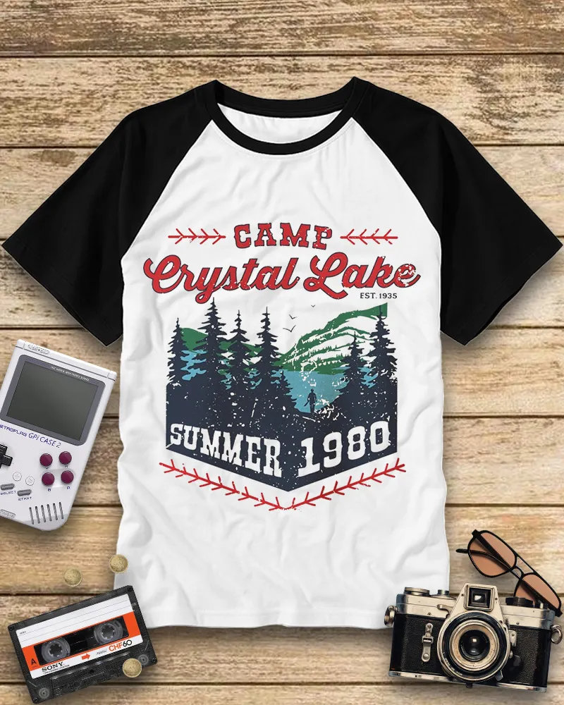 Vintage Distressed Lake & Pine Trees Cotton Raglan Shirt