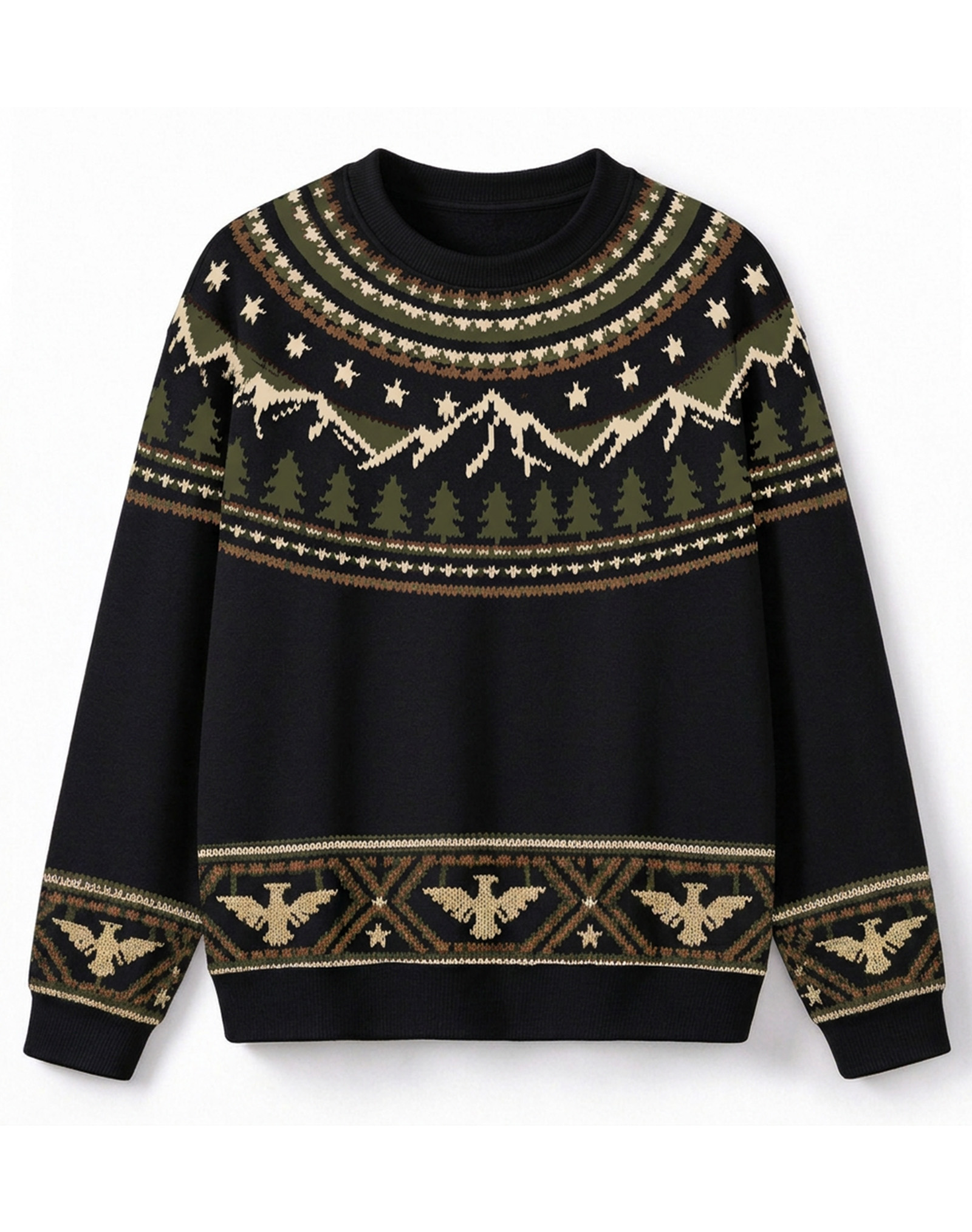 Black Fair Isle Mountain Eagle Crew Neck Knit Sweater, Vintage Nordic Casual Winter Sweater