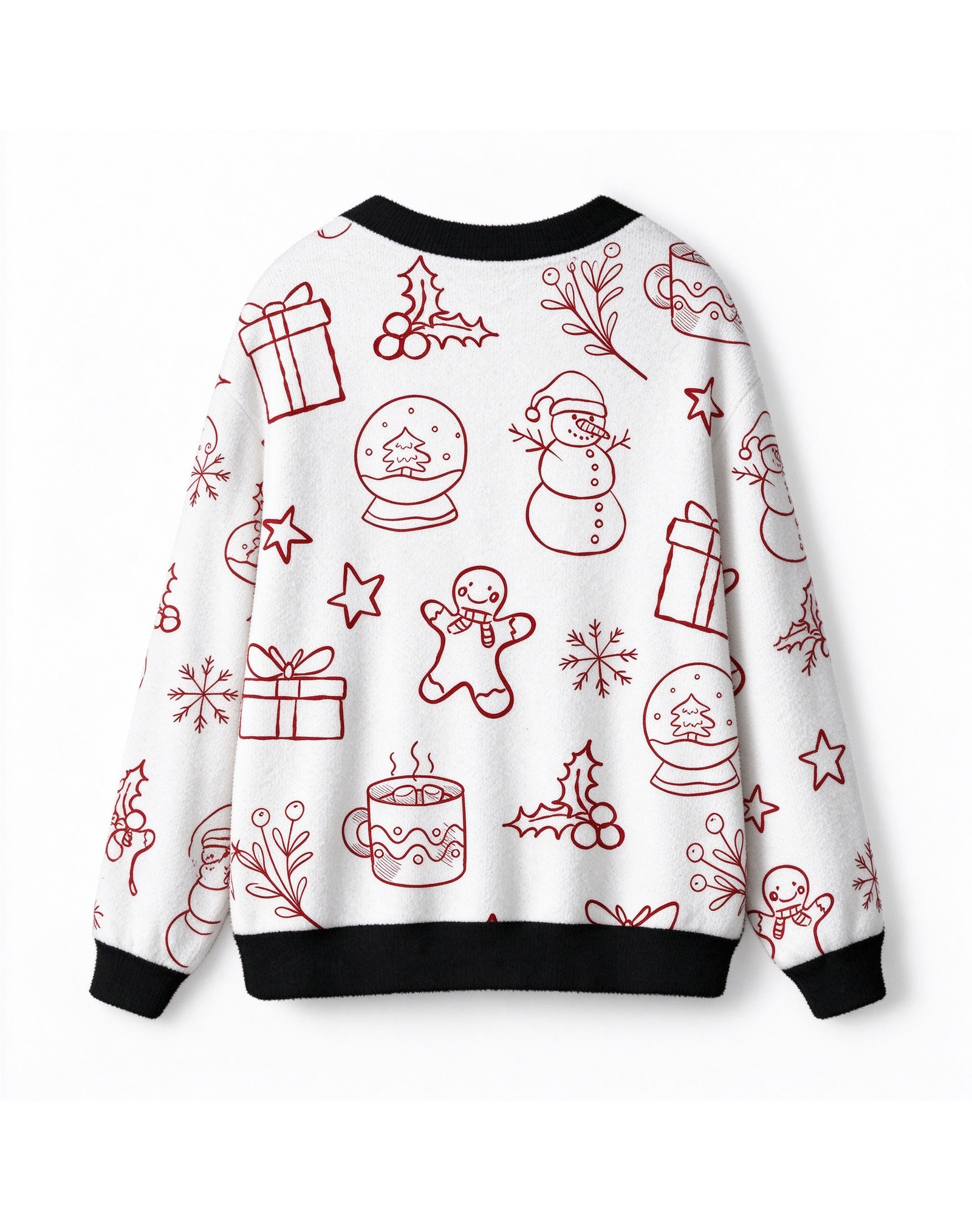 Doodle Christmas Fleece Cardigan, Line Art Xmas Snowman Gingerbread Gift V-Neck Sweater