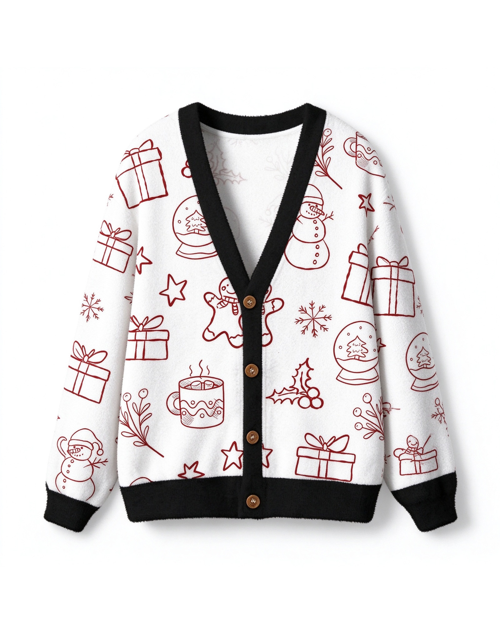 Doodle Christmas Fleece Cardigan, Line Art Xmas Snowman Gingerbread Gift V-Neck Sweater