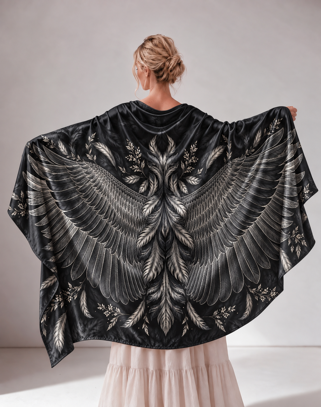 Black Wing Feather Print Satin Shawl Wrap