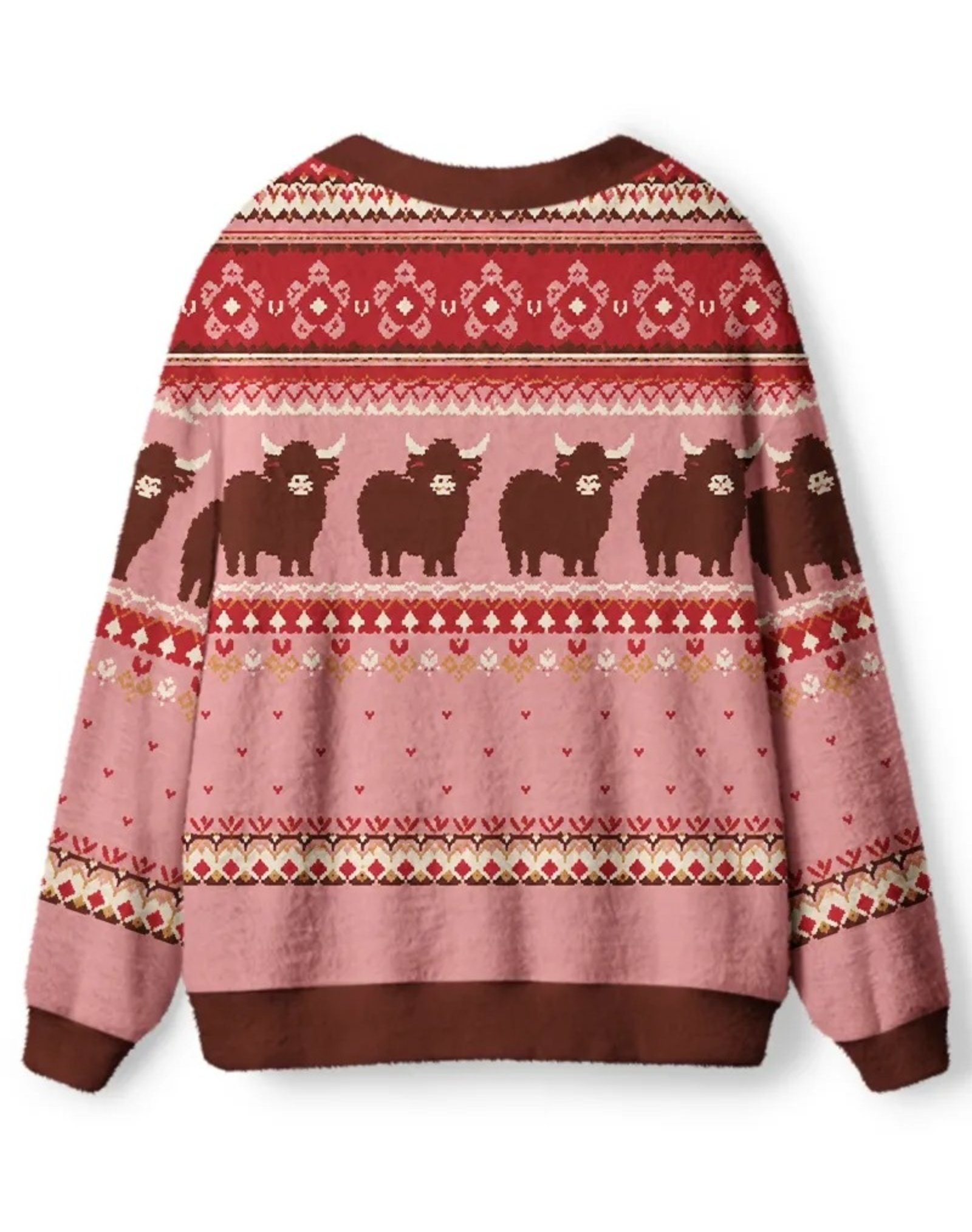 TheRetroTee Vintage 1980s Blush Highland Cow Fair Isle Unisex Cardigan Sweater
