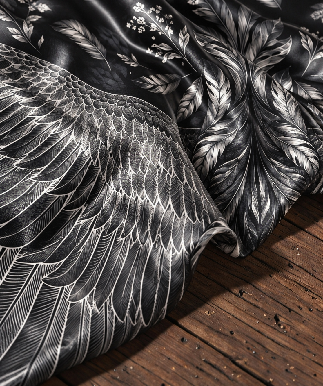 Black Wing Feather Print Satin Shawl Wrap