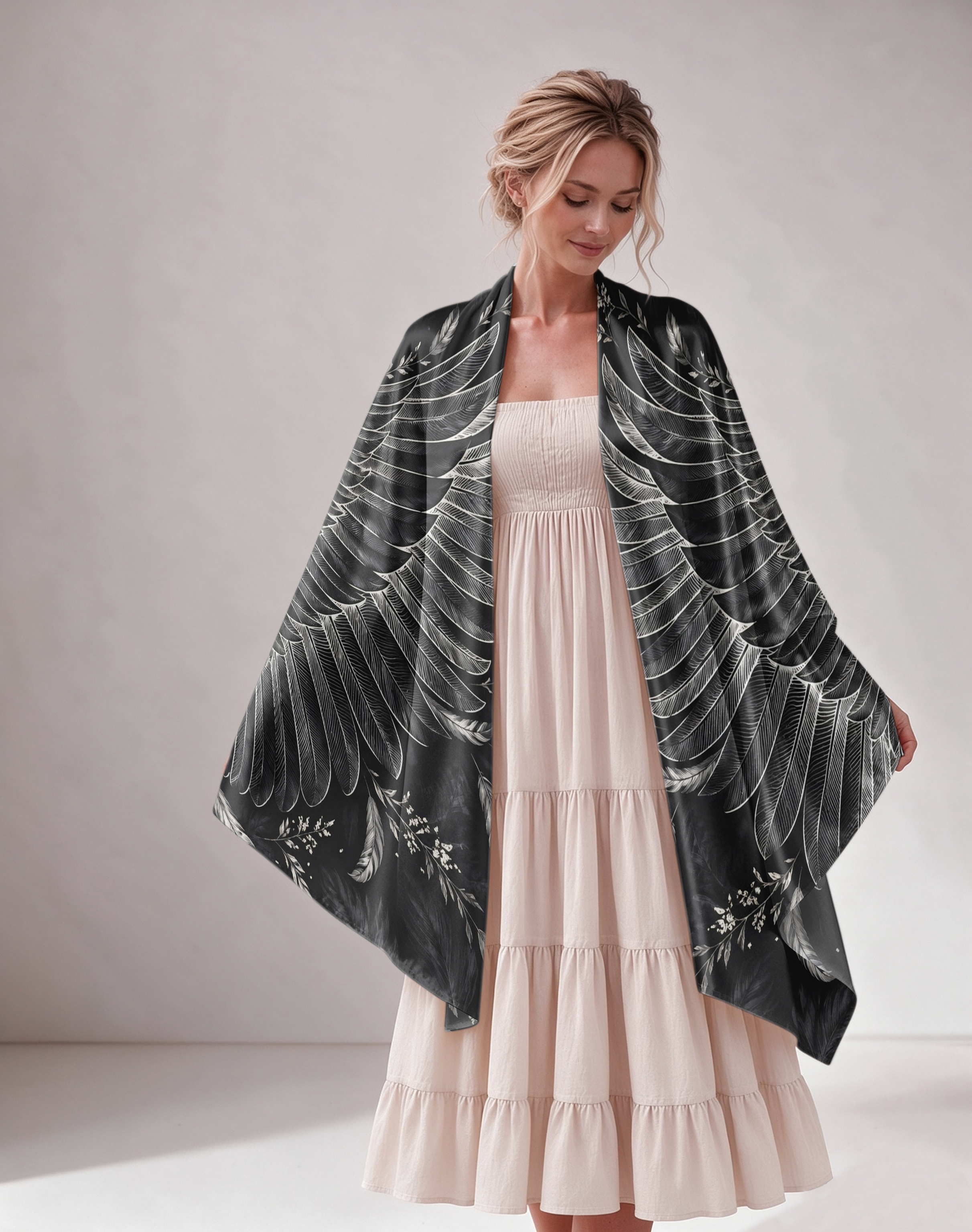 Black Wing Feather Print Satin Shawl Wrap