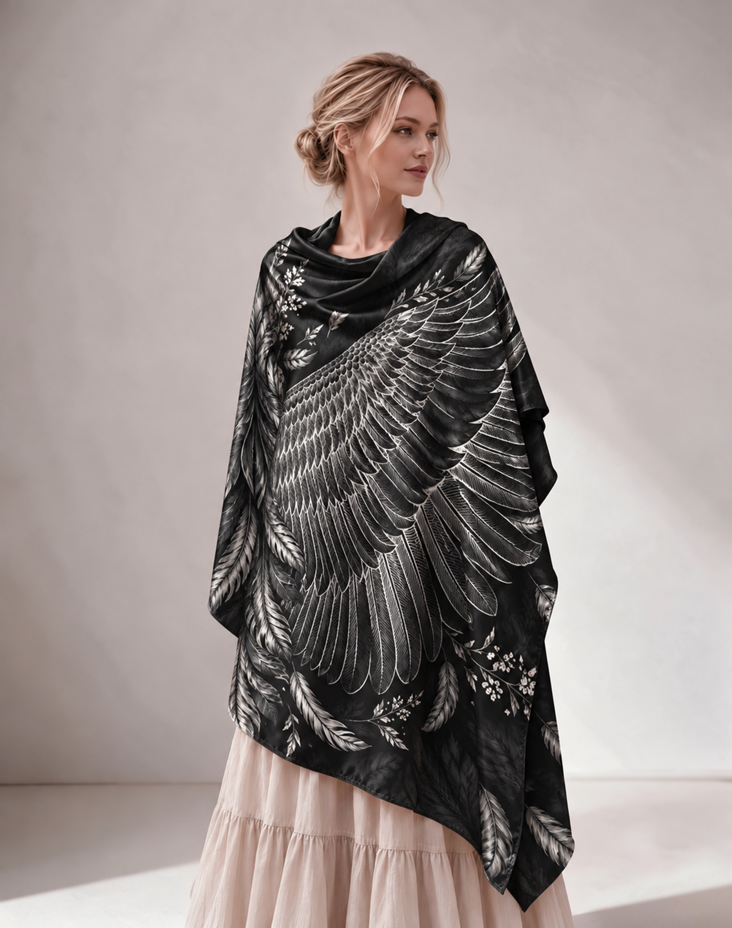 Black Wing Feather Print Satin Shawl Wrap