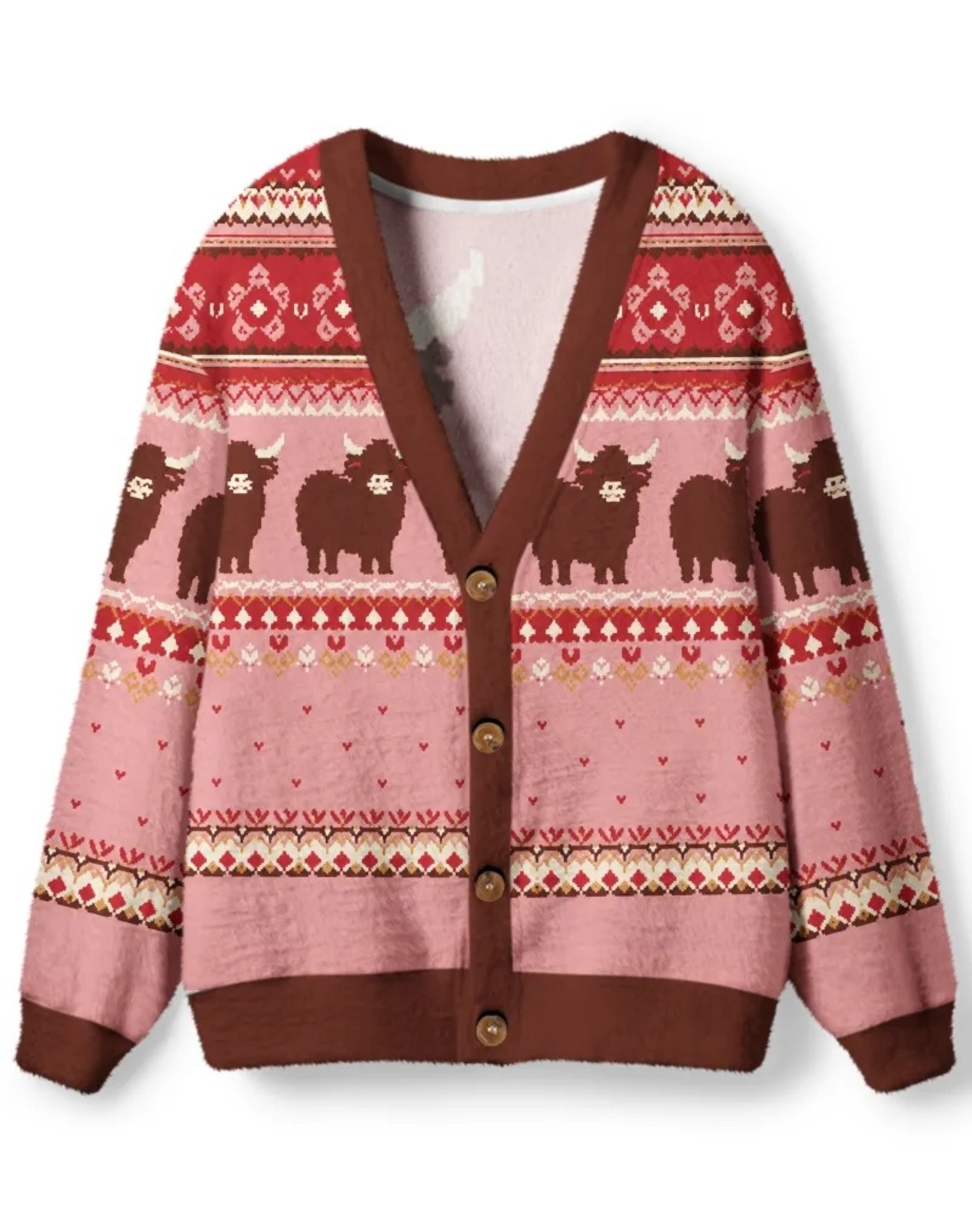 TheRetroTee Vintage 1980s Blush Highland Cow Fair Isle Unisex Cardigan Sweater