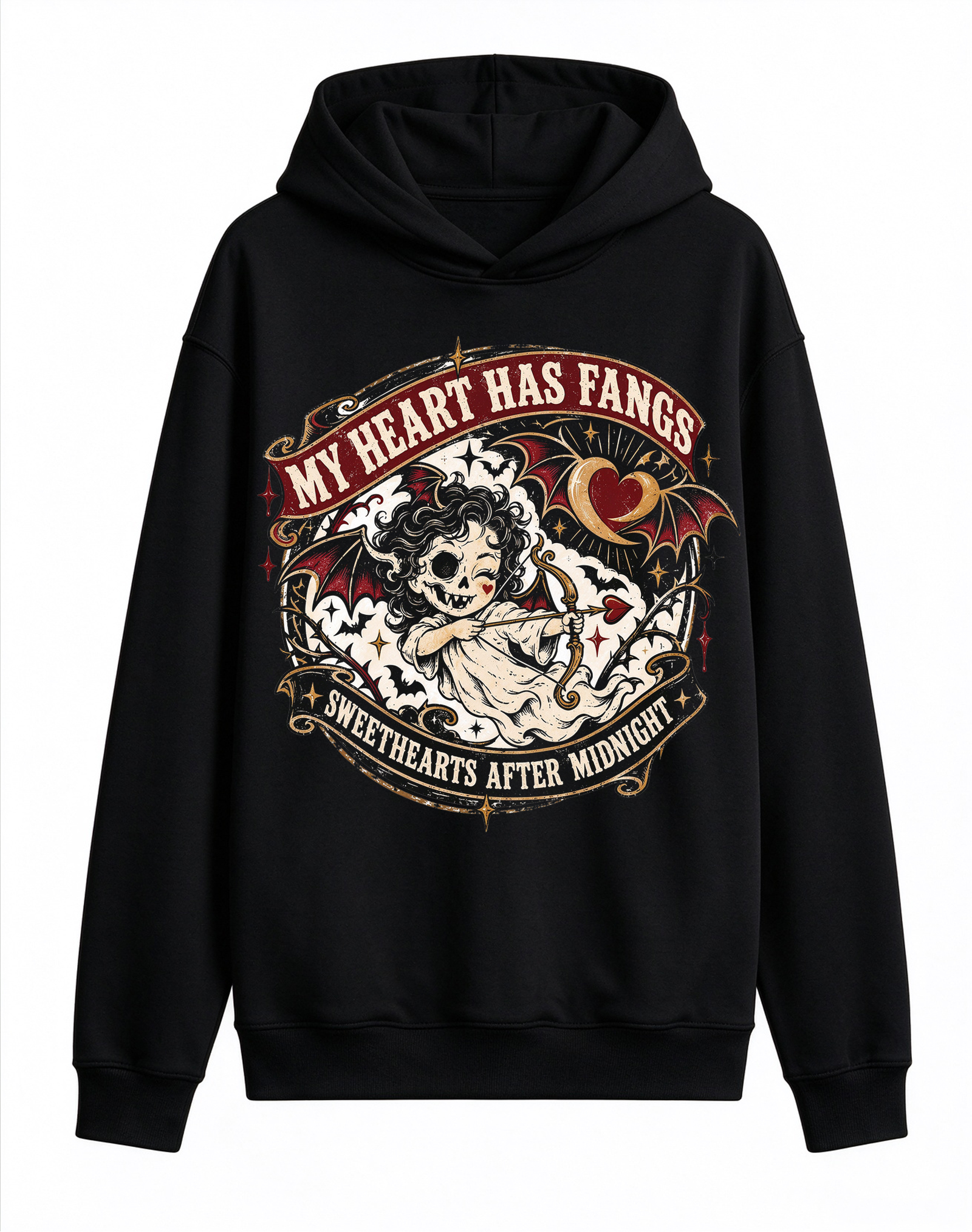 Retro Gothic Cupid Vampire Hoodie, My Heart Has Fangs Dark Romance Halloween Front Print Hooded Sweatshirt