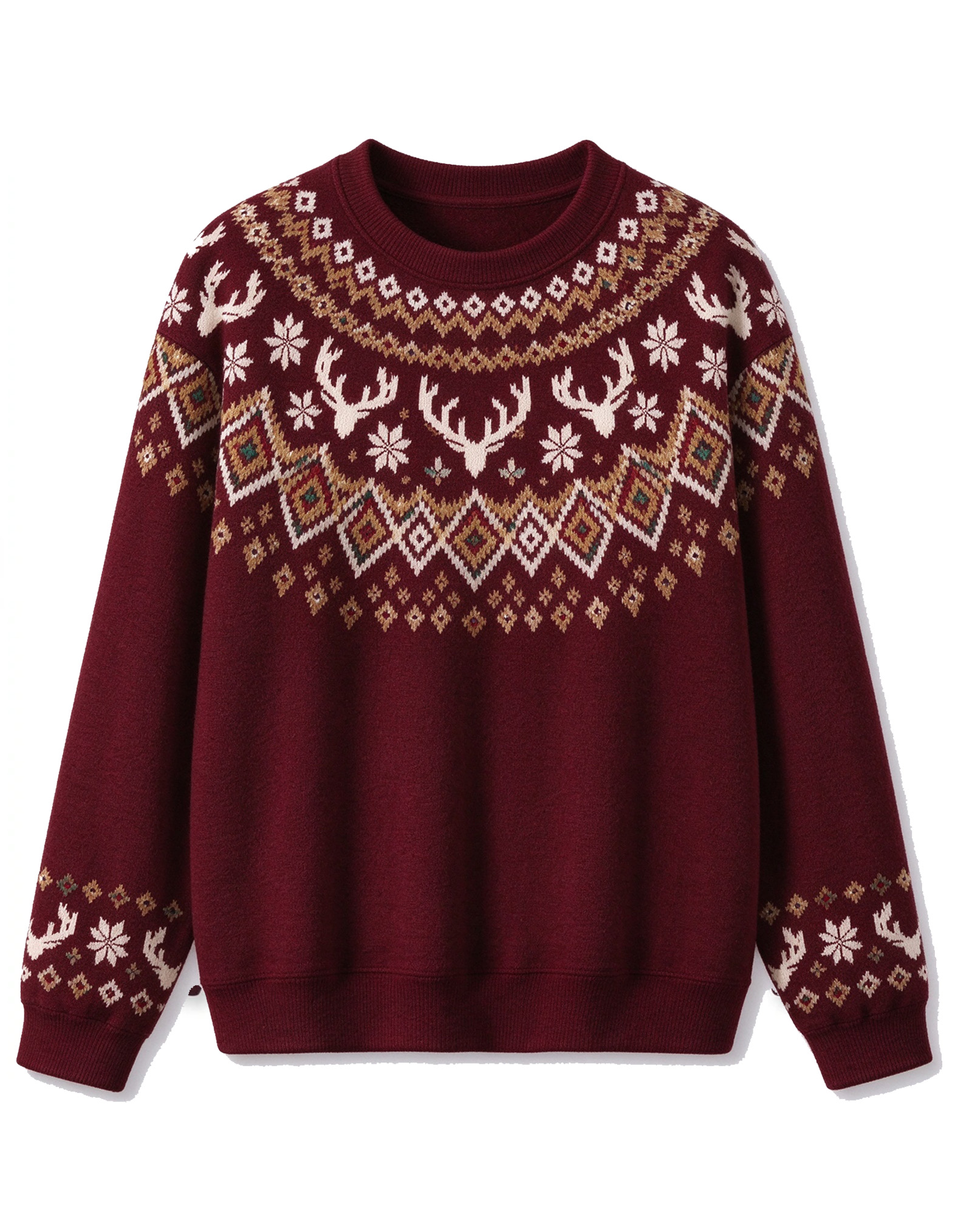 Burgundy Fair Isle Christmas Reindeer Crew Neck Knit Sweater, Vintage Nordic Winter Holiday Sweater