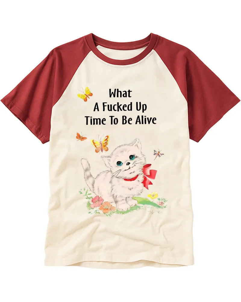 Vintage Whimsical Kitten & Floral Raglan Tee