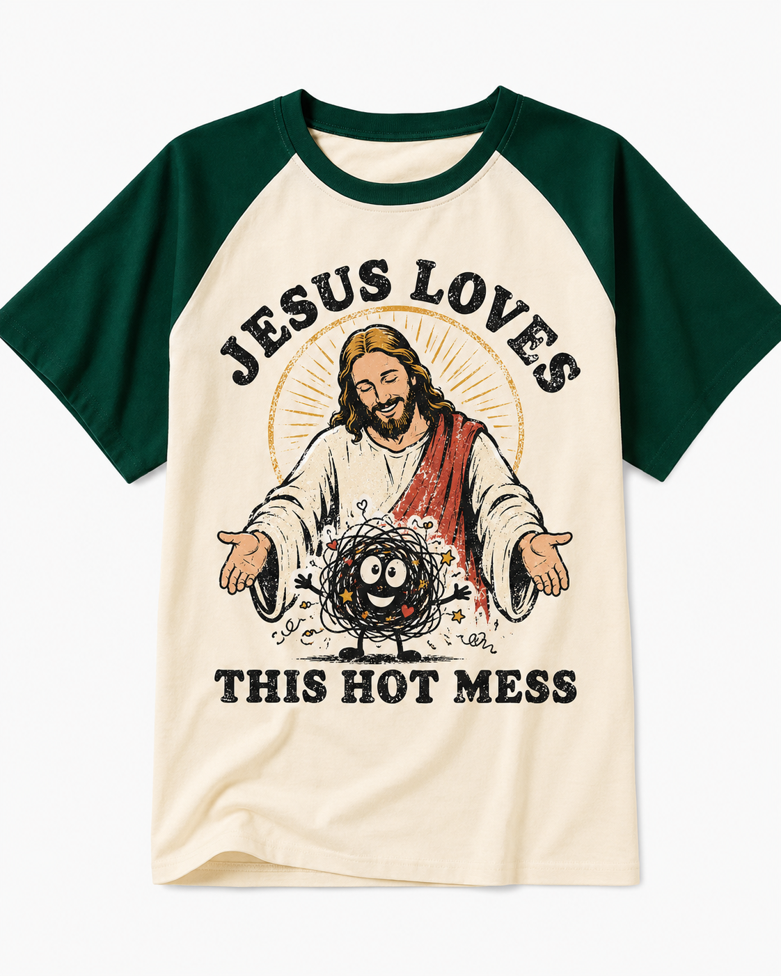 Jesus Love This Hot Mess Vintage Graphic Raglan Baseball T-Shirt