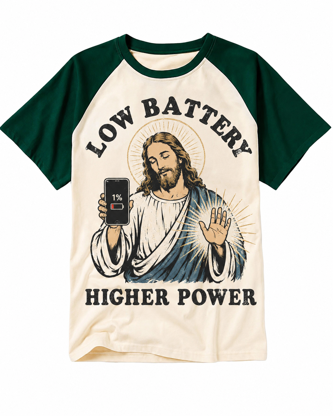 Low Battery Higher Power Jesus Vintage Graphic Raglan Baseball T-Shirt