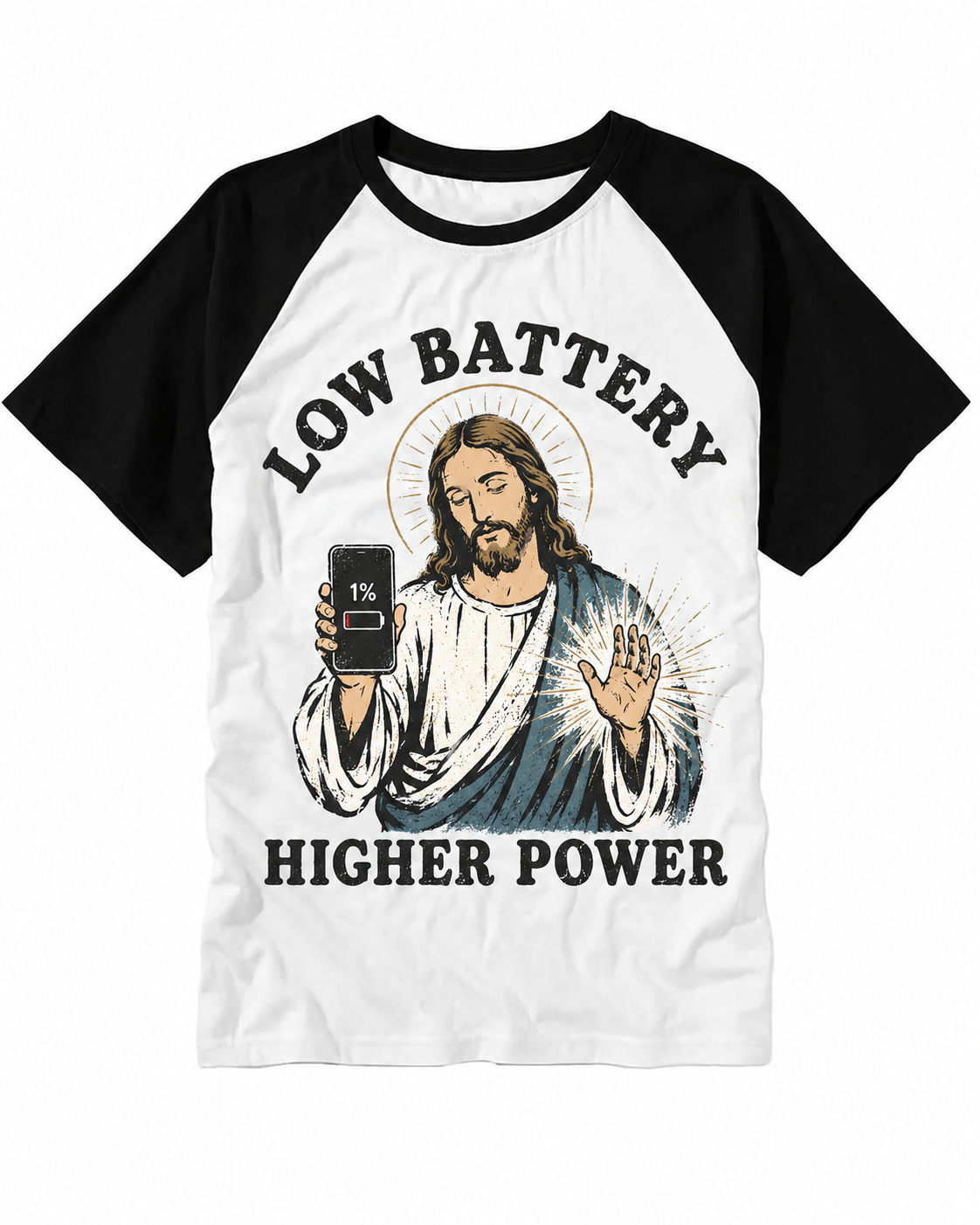 Low Battery Higher Power Jesus Vintage Graphic Raglan Baseball T-Shirt