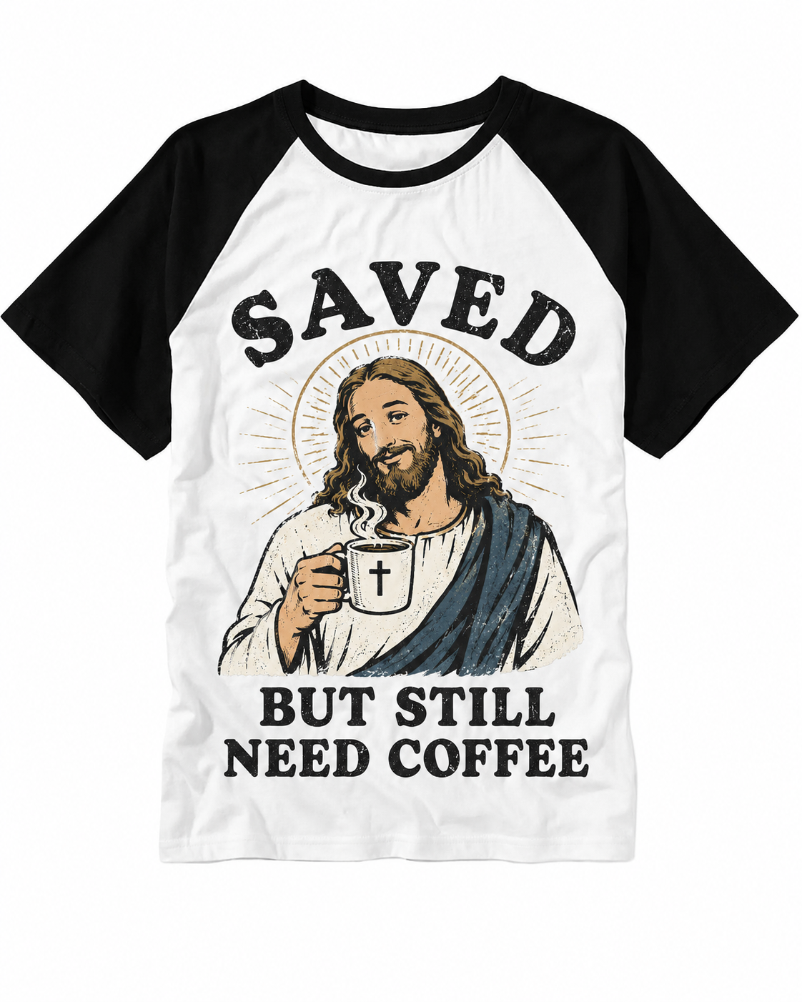 Saved But Still Need Coffee Jesus Vintage Graphic Raglan Baseball T-Shirt