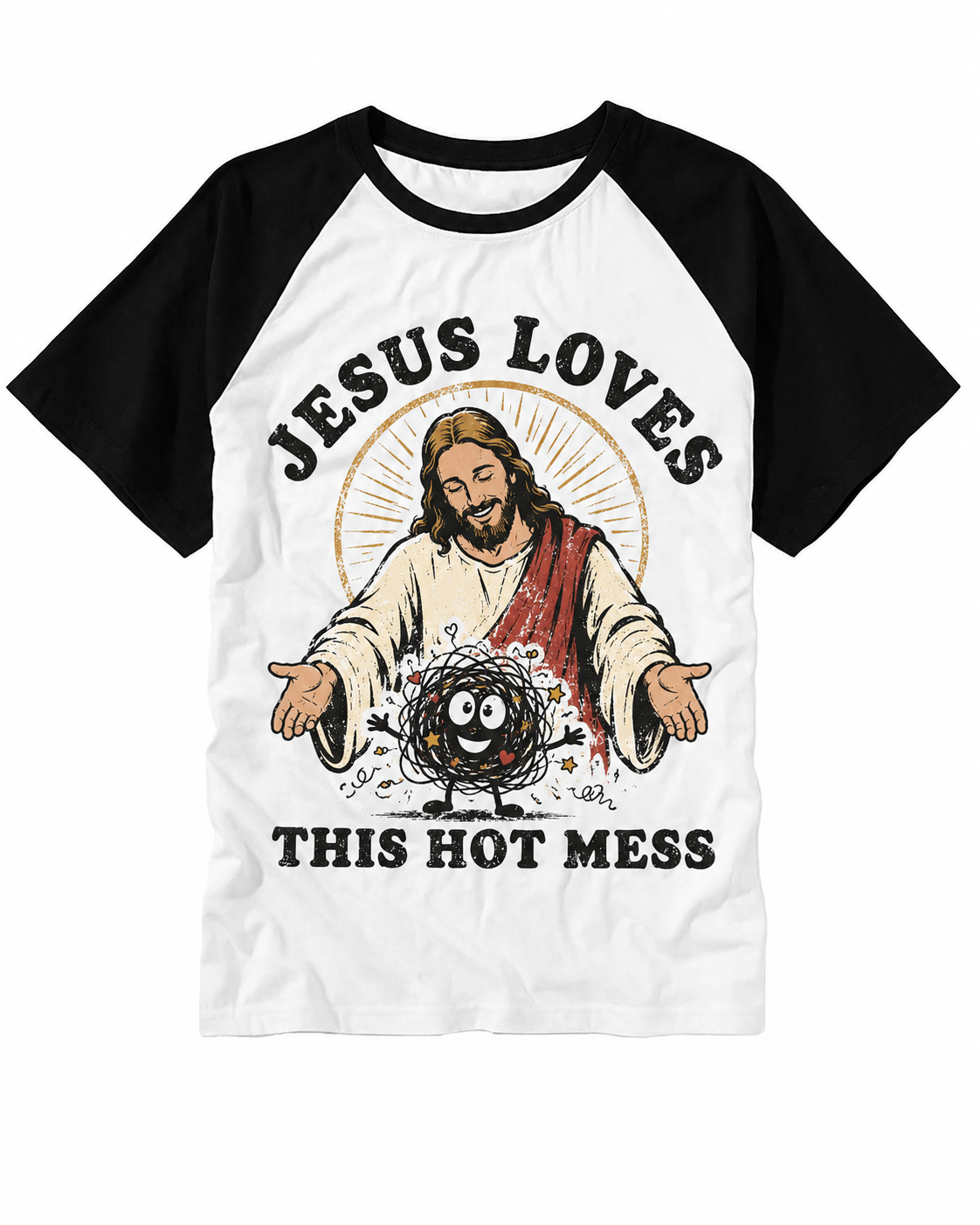 Jesus Love This Hot Mess Vintage Graphic Raglan Baseball T-Shirt