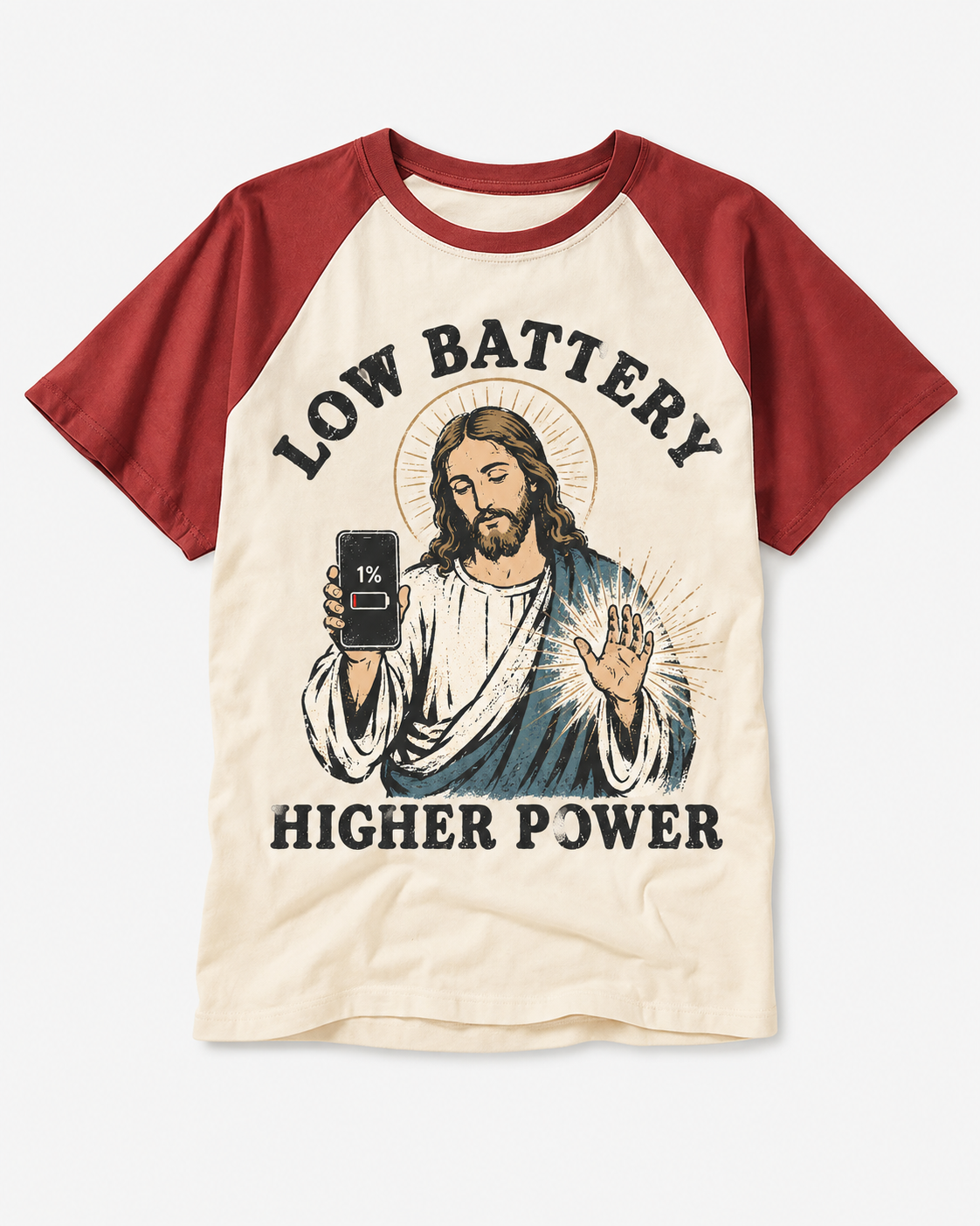 Low Battery Higher Power Jesus Vintage Graphic Raglan Baseball T-Shirt