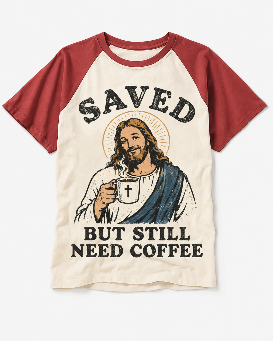 Saved But Still Need Coffee Jesus Vintage Graphic Raglan Baseball T-Shirt