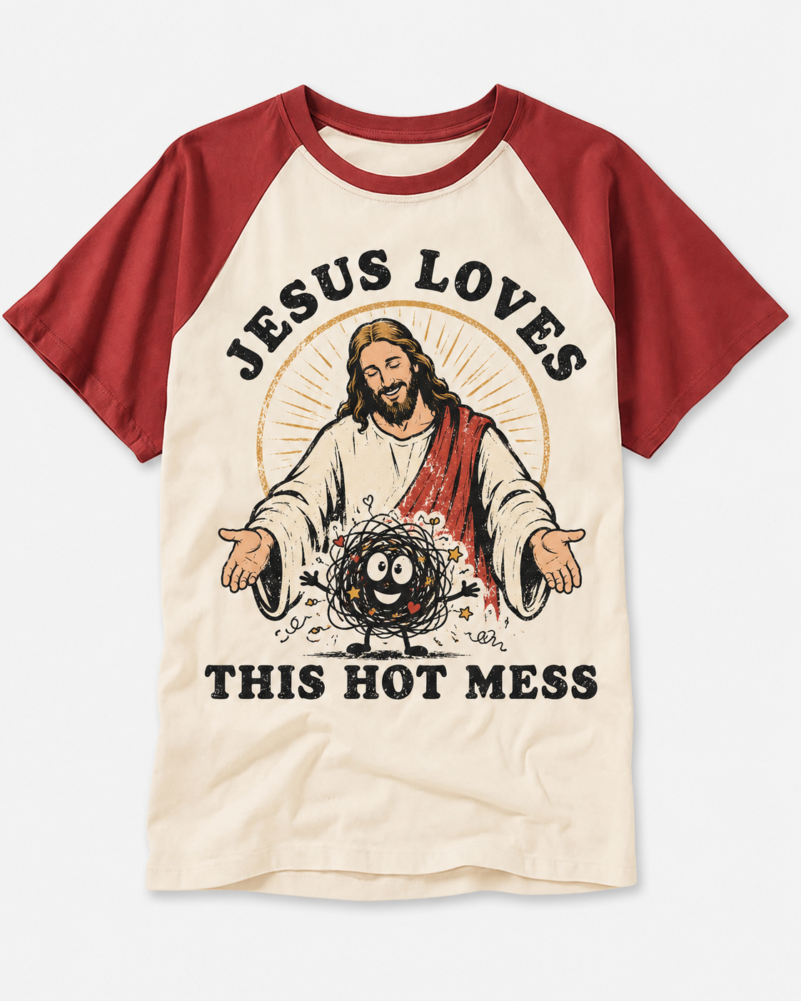 Jesus Love This Hot Mess Vintage Graphic Raglan Baseball T-Shirt